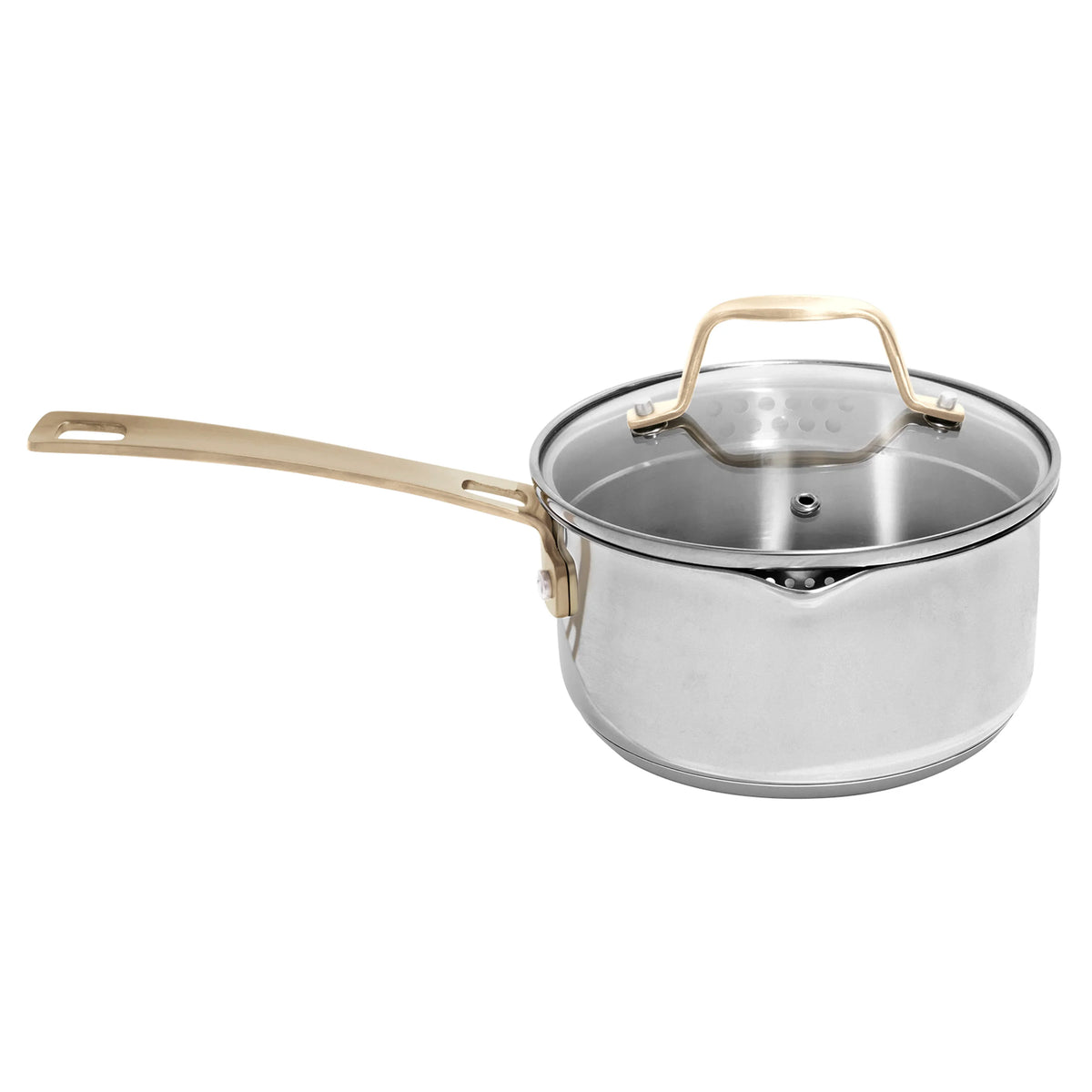 Stainless steel sauce pot with lid and gold handles