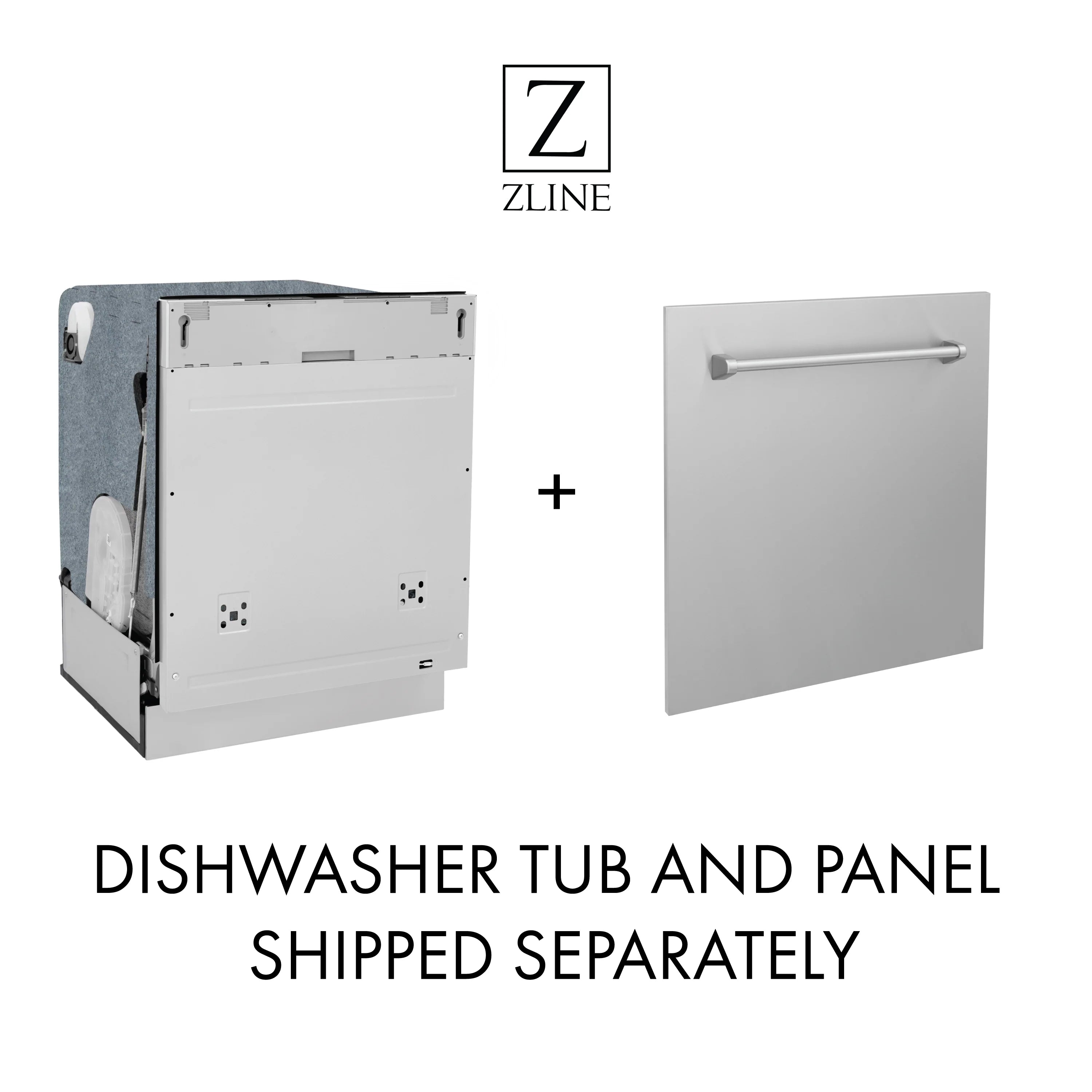 ZLINE dishwasher tub and white door panel, shown side-by-side