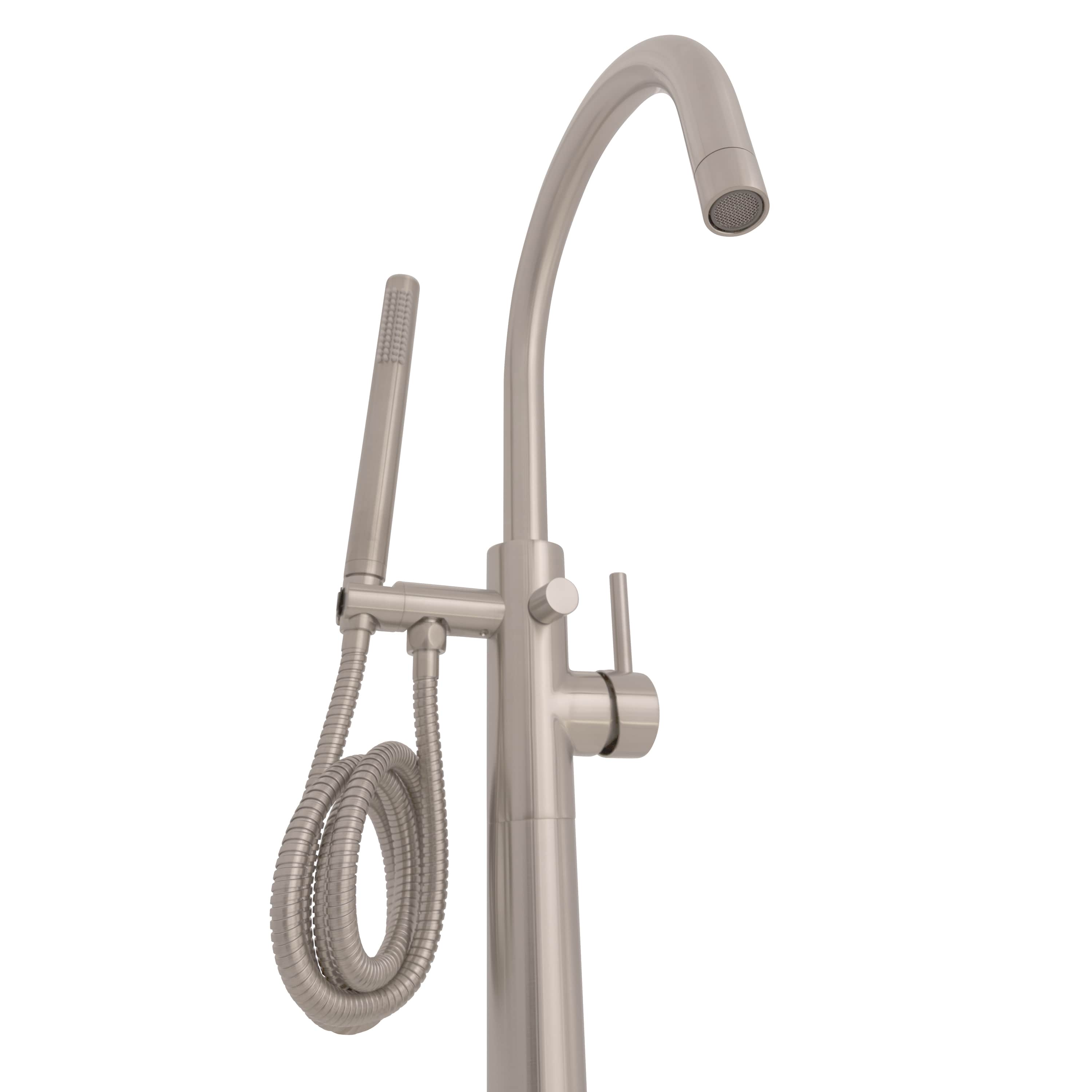 Brushed nickel tub faucet with handheld shower hose, sprayer head, curved spout, and knobs.