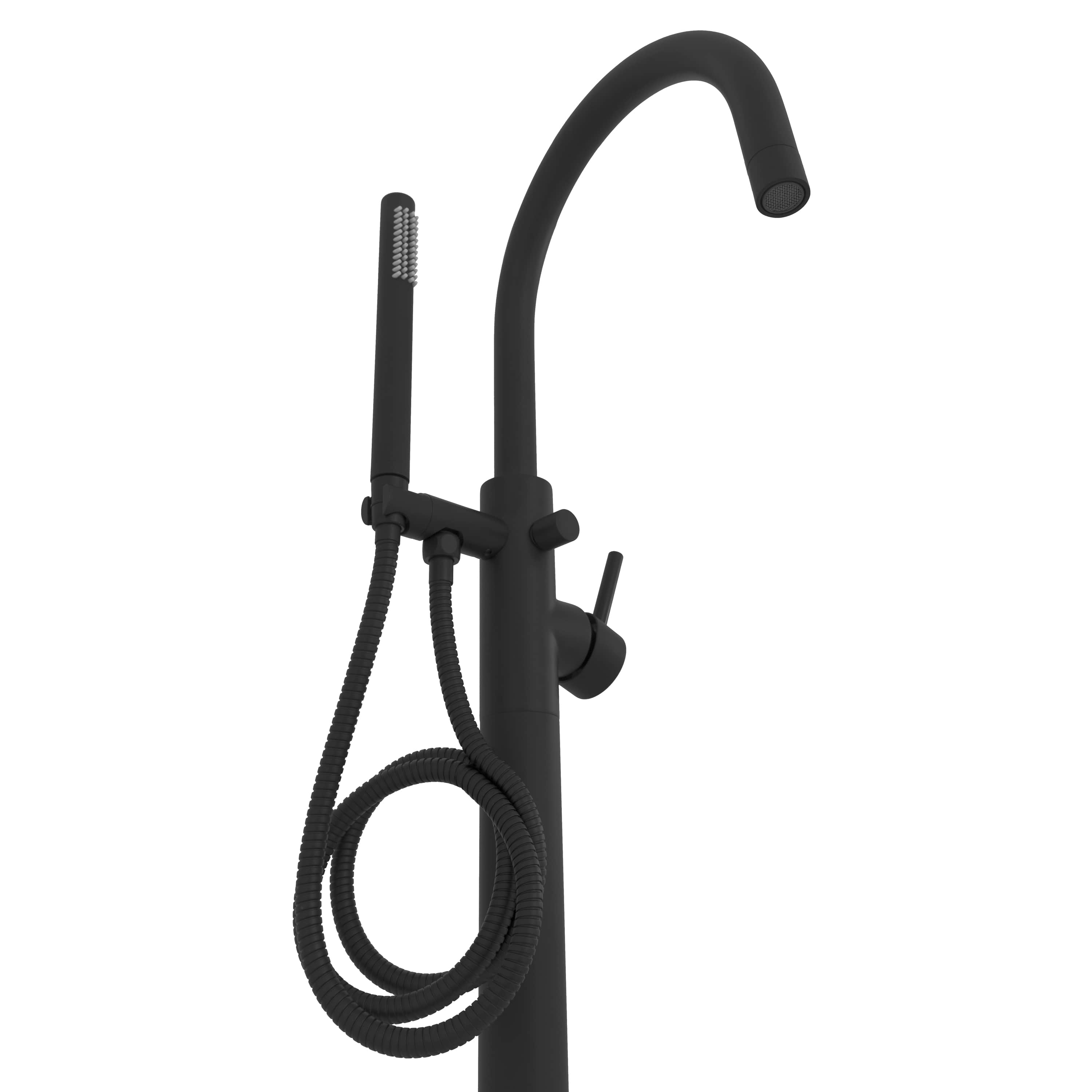 Matte black floor-mount bath tub filler with curved spout and braided hose