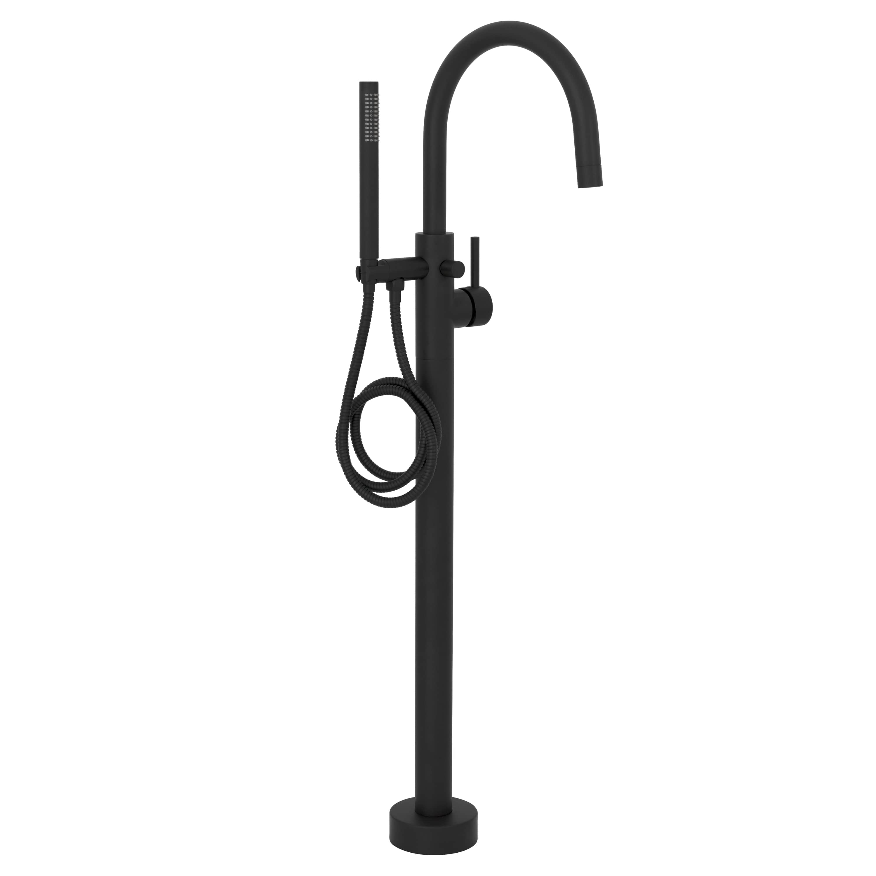 Matte black floor-mount bath tub filler with tall body, curved spout, and braided hose