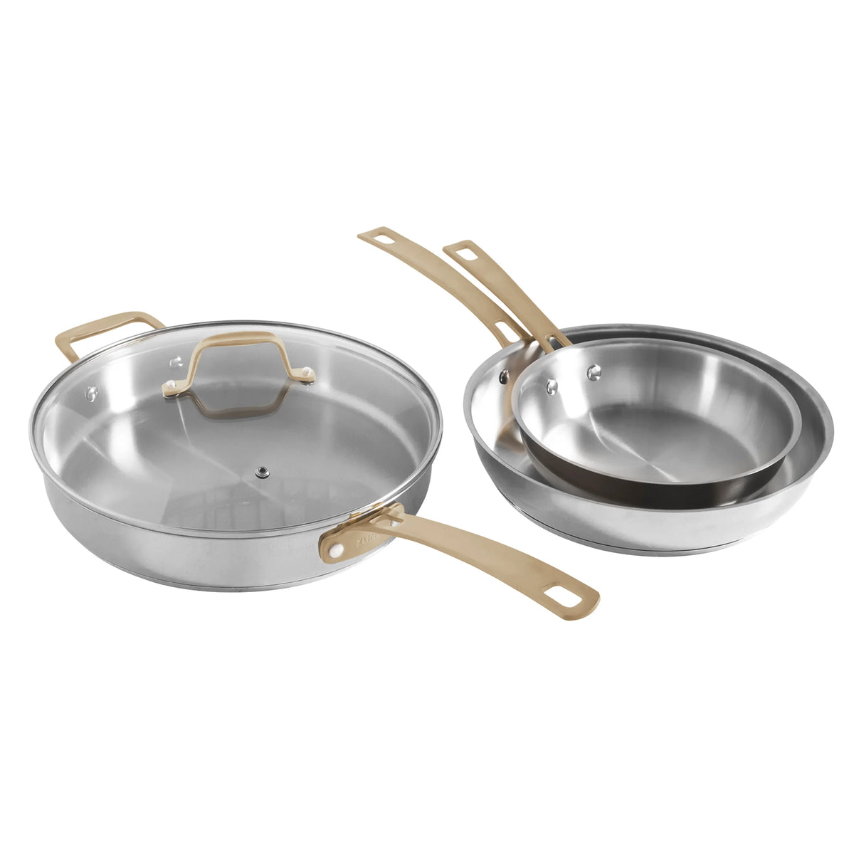 Stainless steel skillets with gold handles and long loop handles, two-piece set