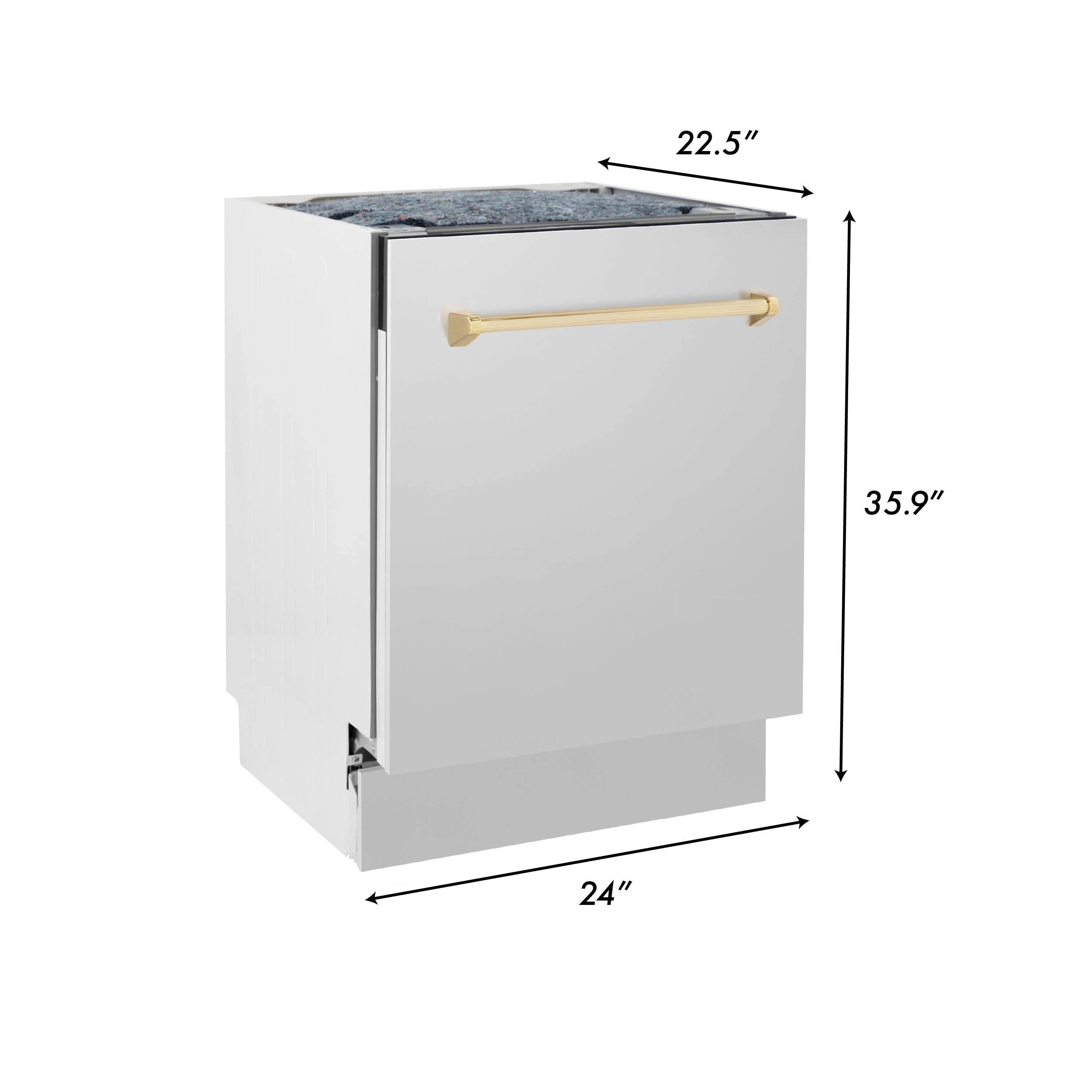 Tall white built-in dishwasher with gold handle, front view