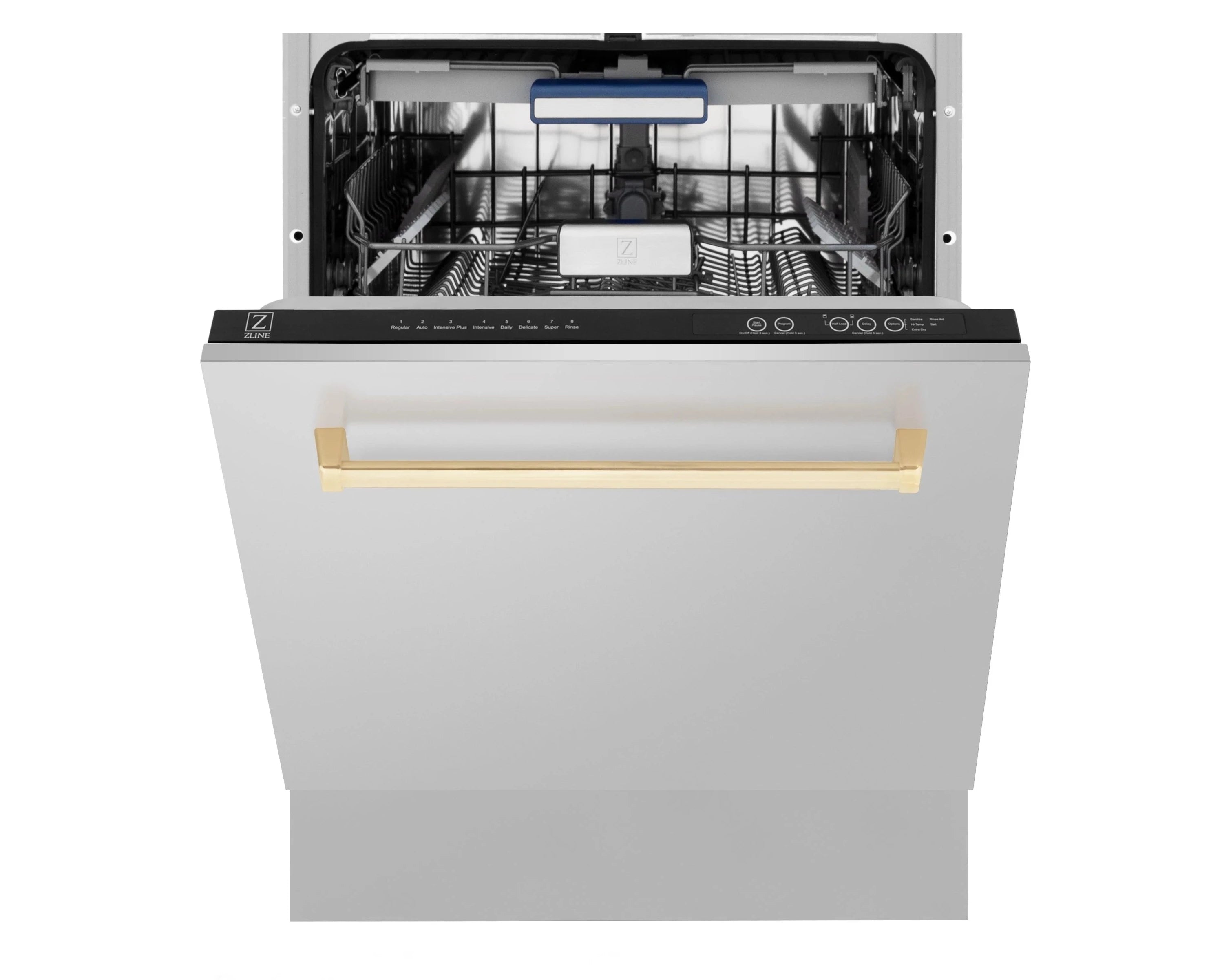 Built-in dishwasher open with visible racks and gold handle on inner door
