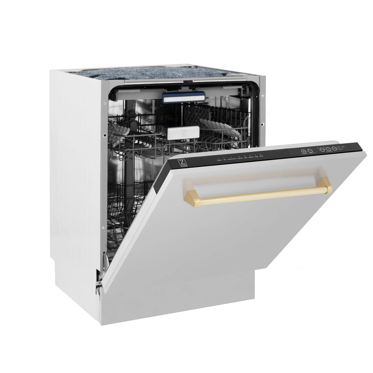 Tall tub dishwasher with open door and interior racks, gold handle accents