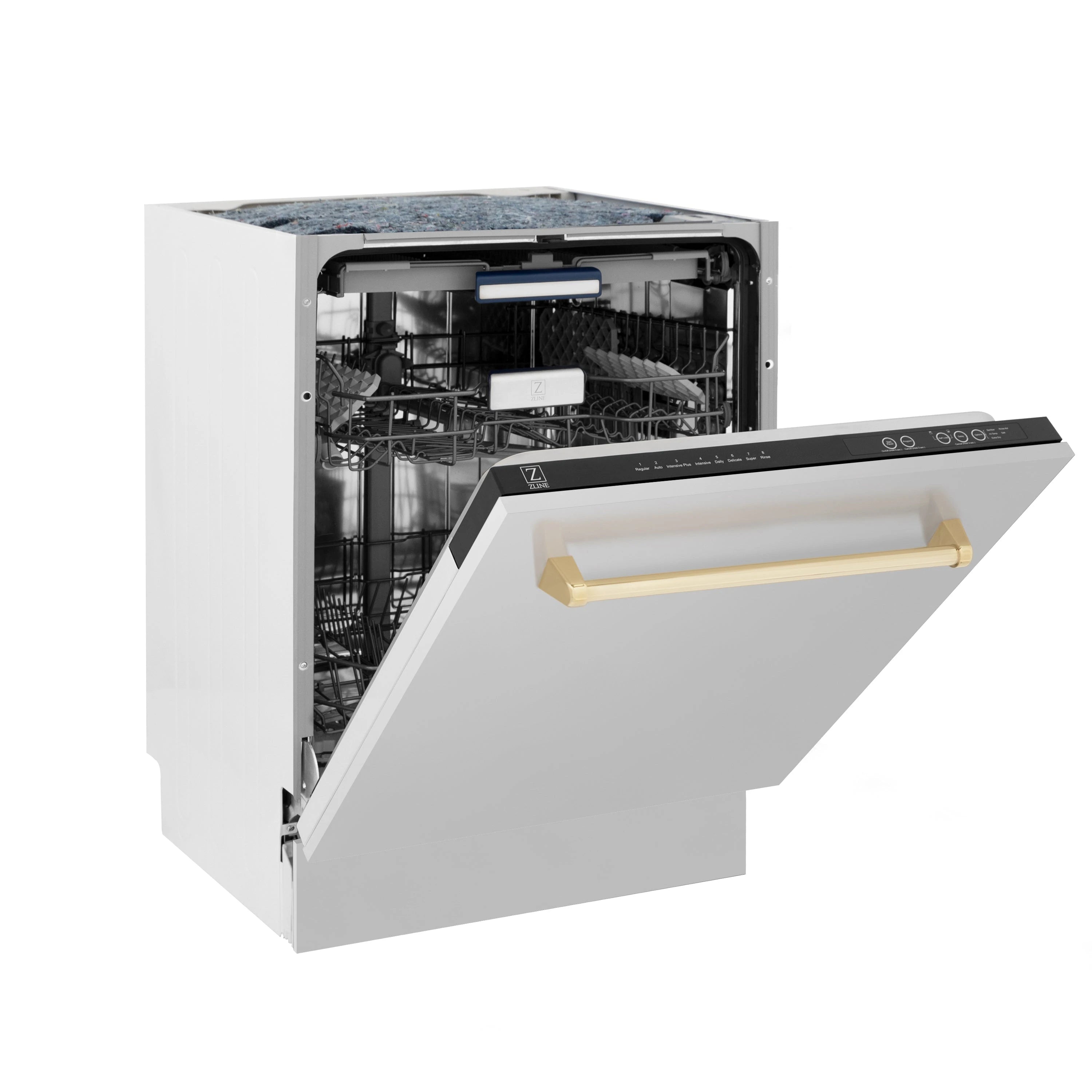 Built-in dishwasher open to show racks and gold handle on inner door