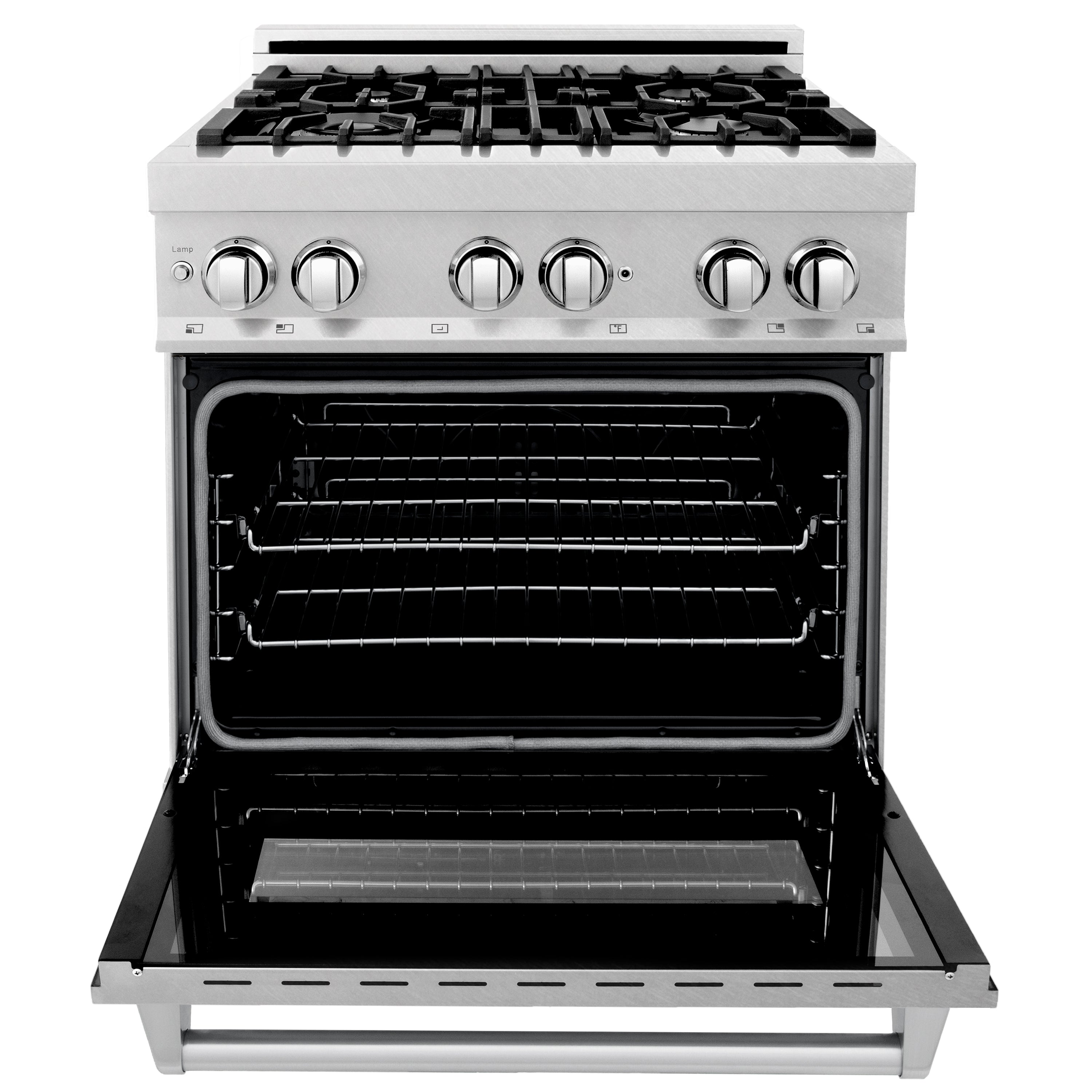 Stainless dual fuel range with open electric oven door and black burner grates