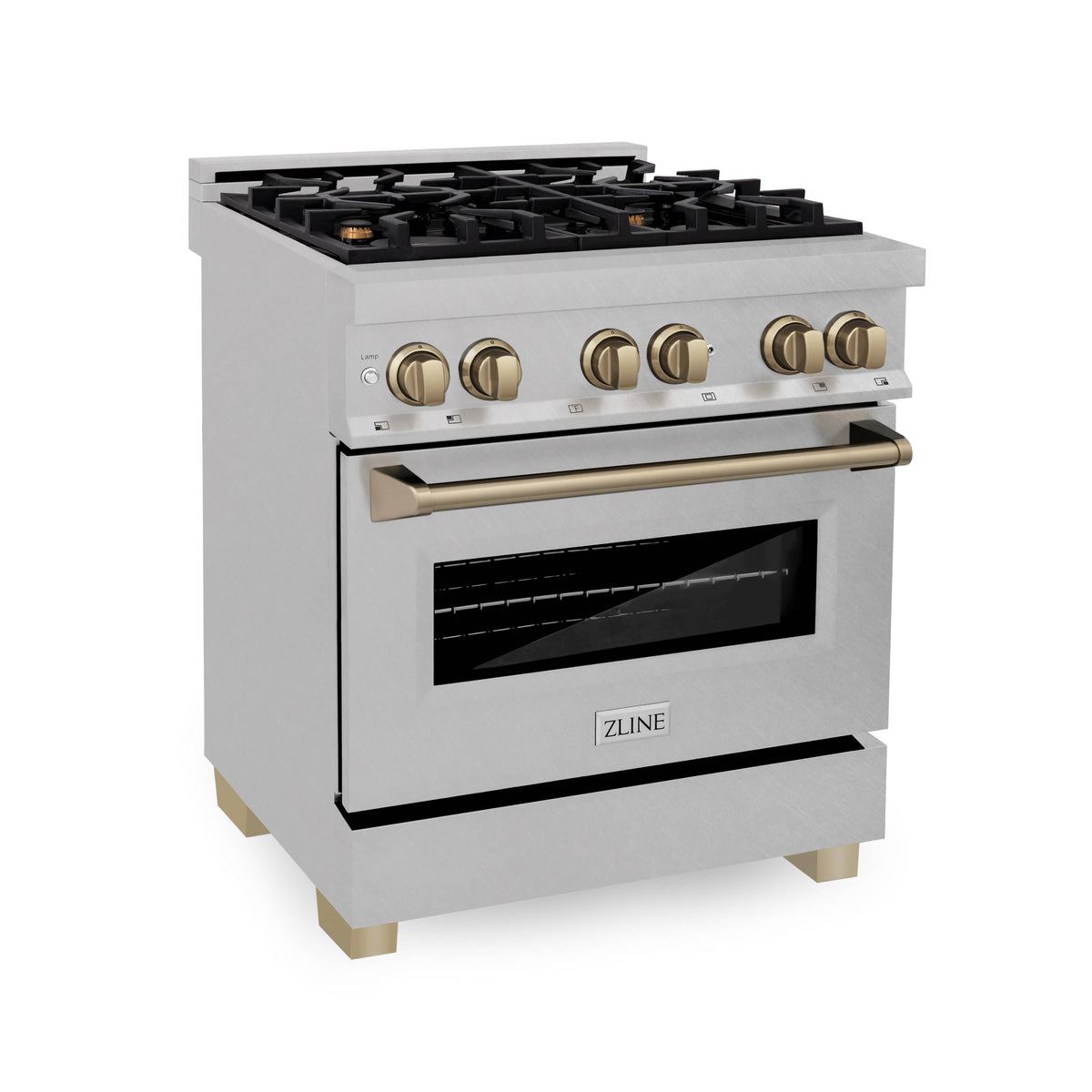 Dual fuel range with black grate cooktop, champagne bronze knobs, and oven door window