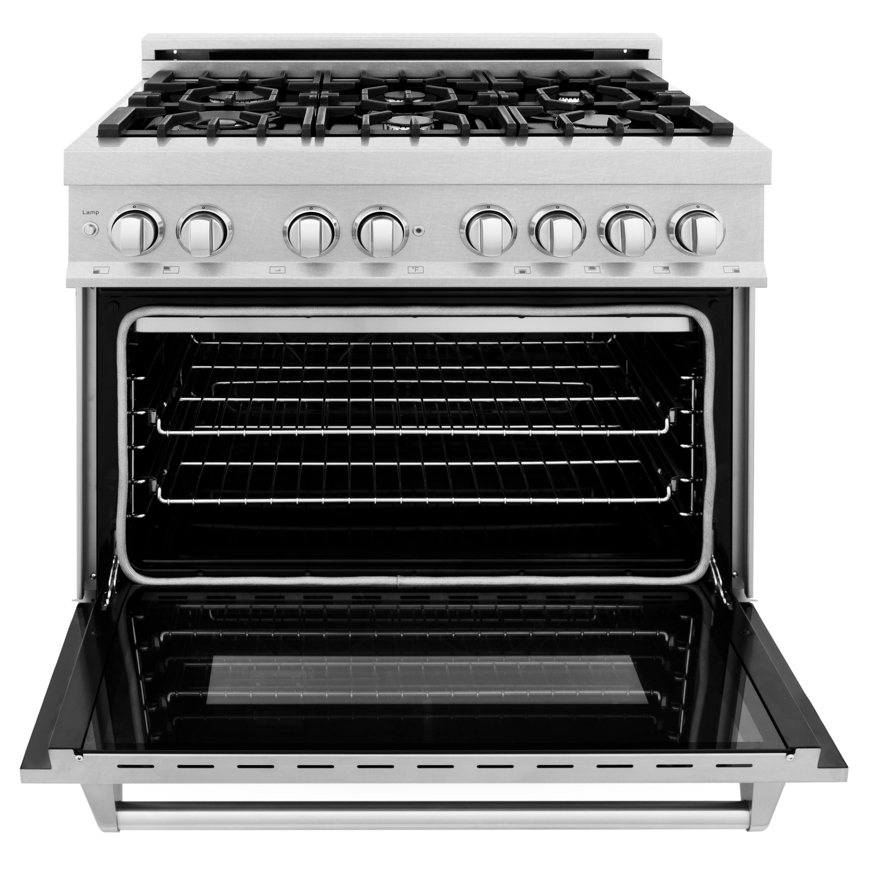 Dual fuel range with open electric oven door and gas burners on satin stainless steel