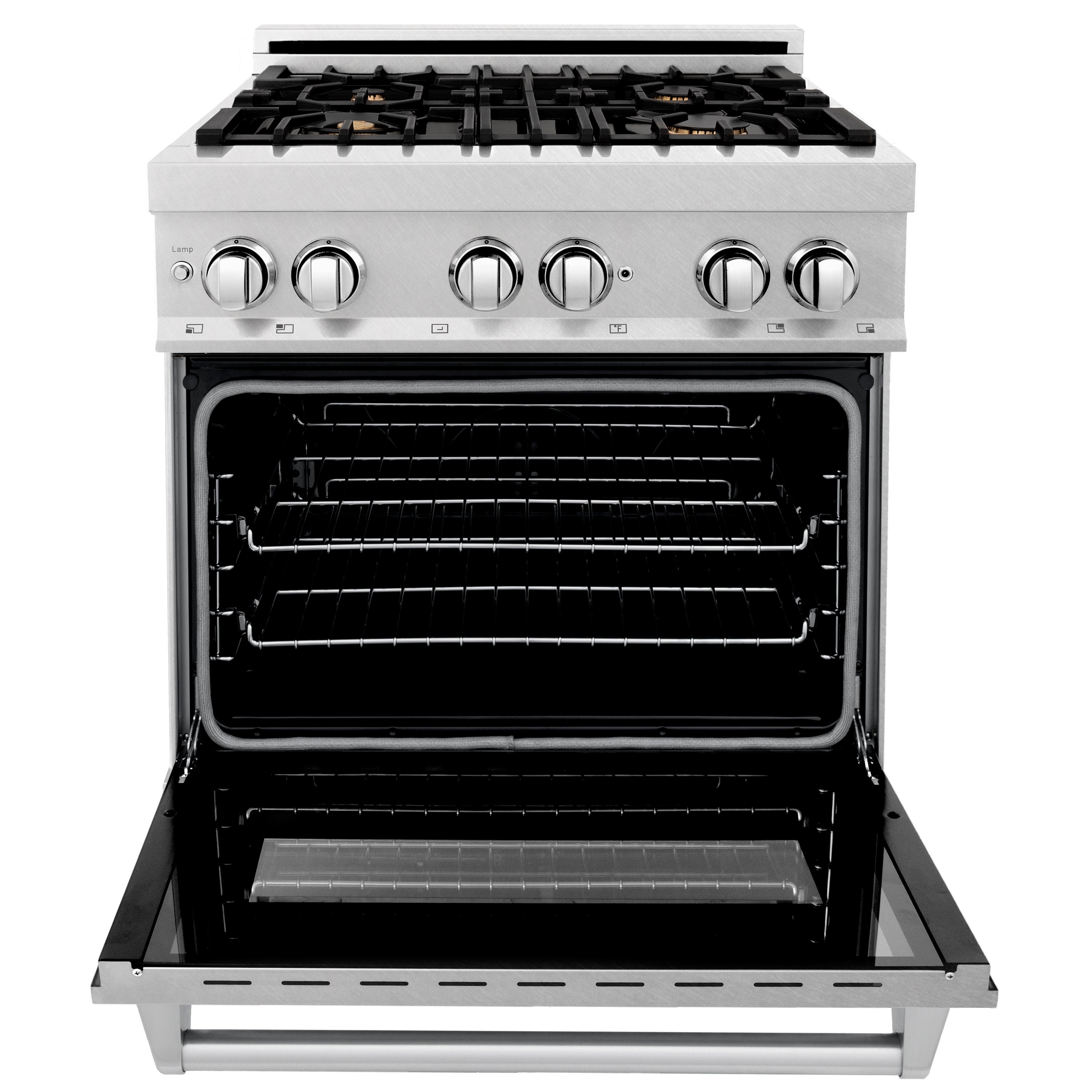 Stainless dual fuel range with open electric oven door and four gas burners on grates