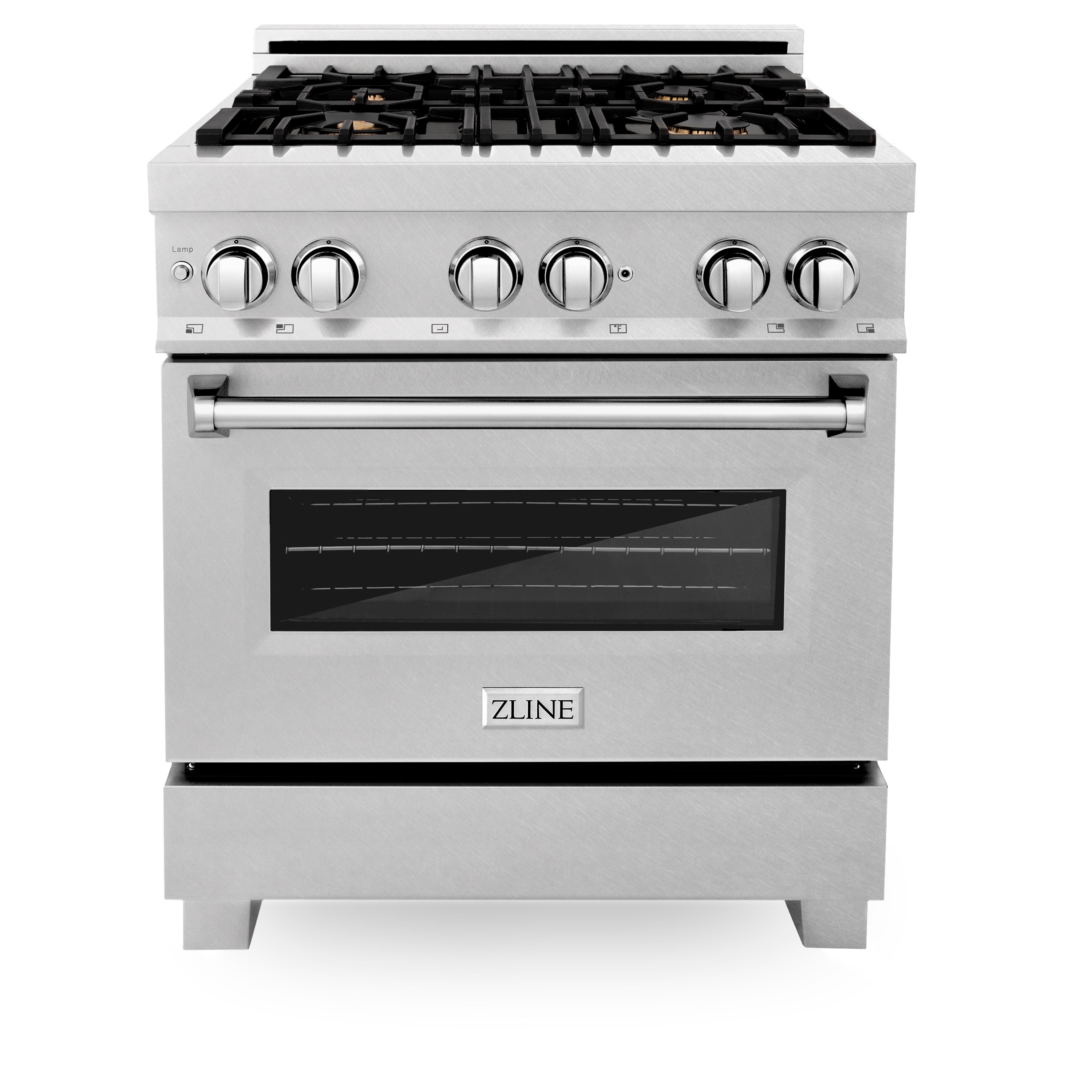 Stainless dual fuel range front view with four-burner cooktop and electric oven door