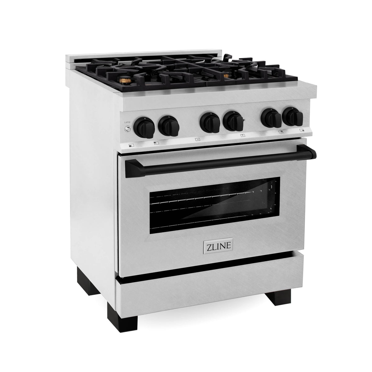 Dual fuel range front view with black burner knobs and stainless oven door