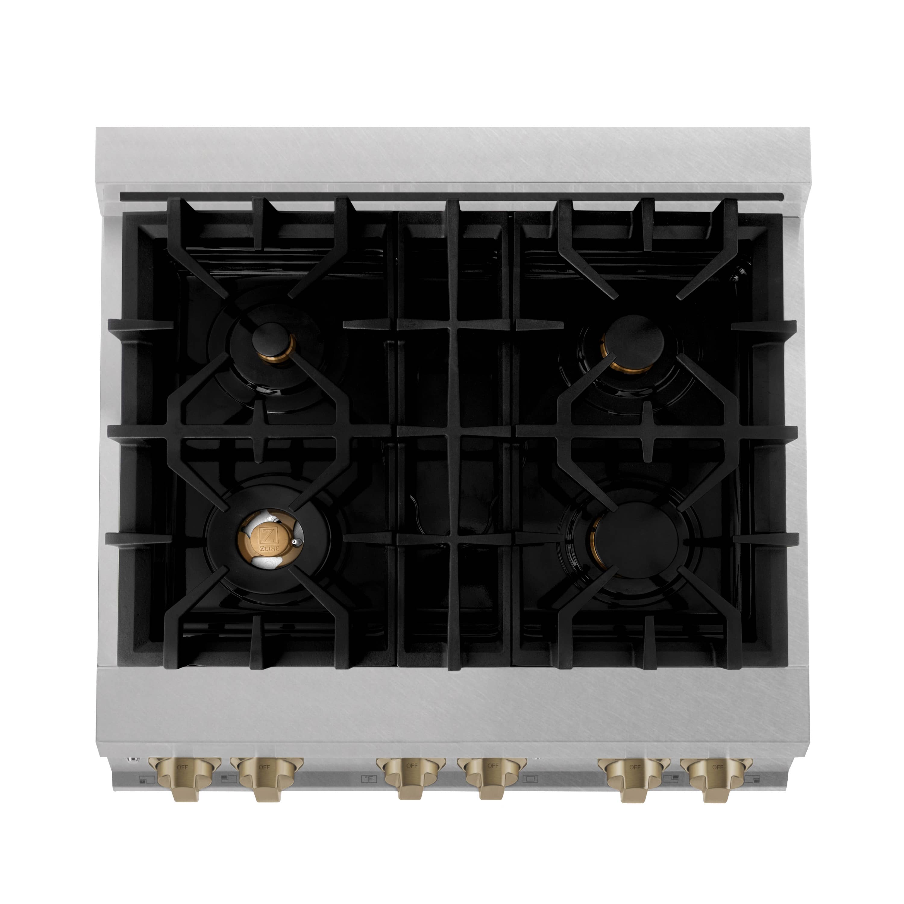 Dual fuel range black cast-iron burner grates with four burners and bronze ring caps