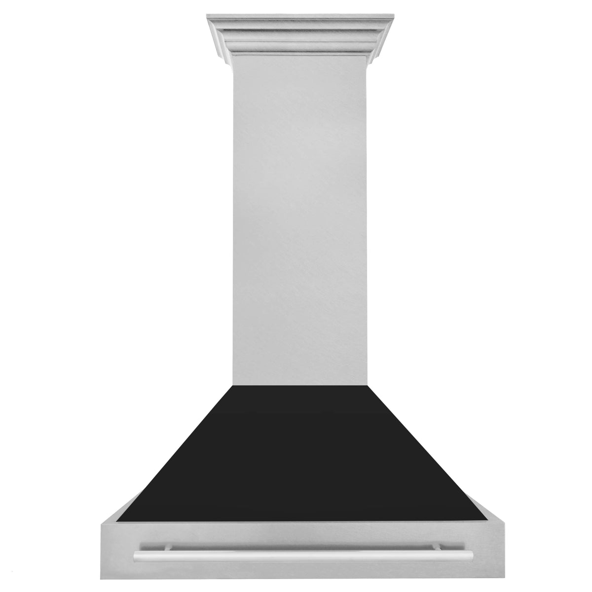 Wall mount range hood with satin stainless chimney and black matte hood canopy
