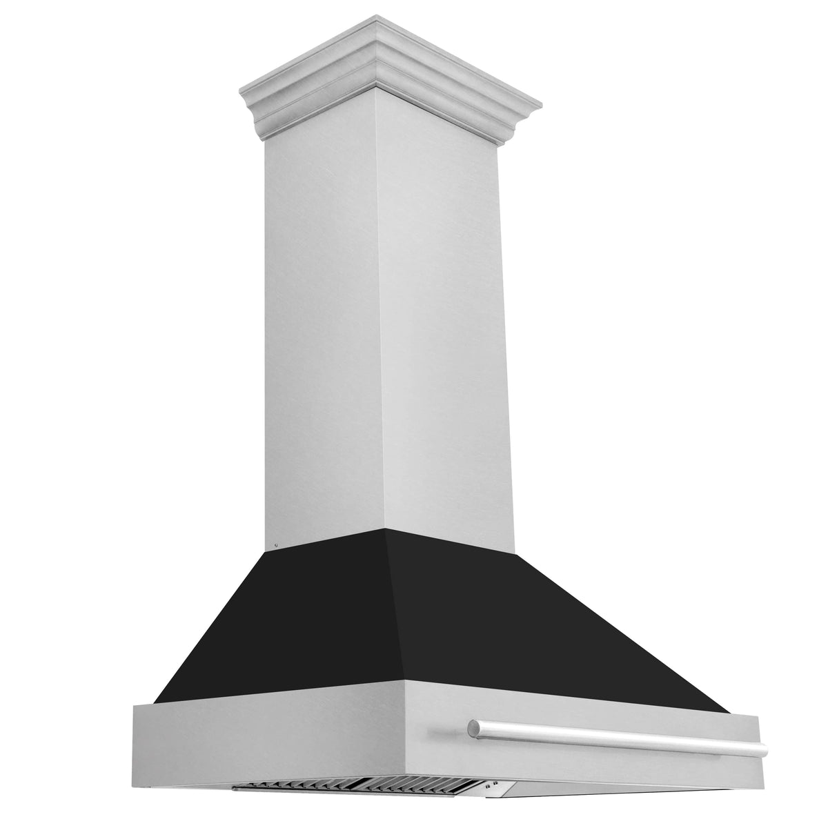 Satin stainless wall mount range hood with black matte chimney and vented panel