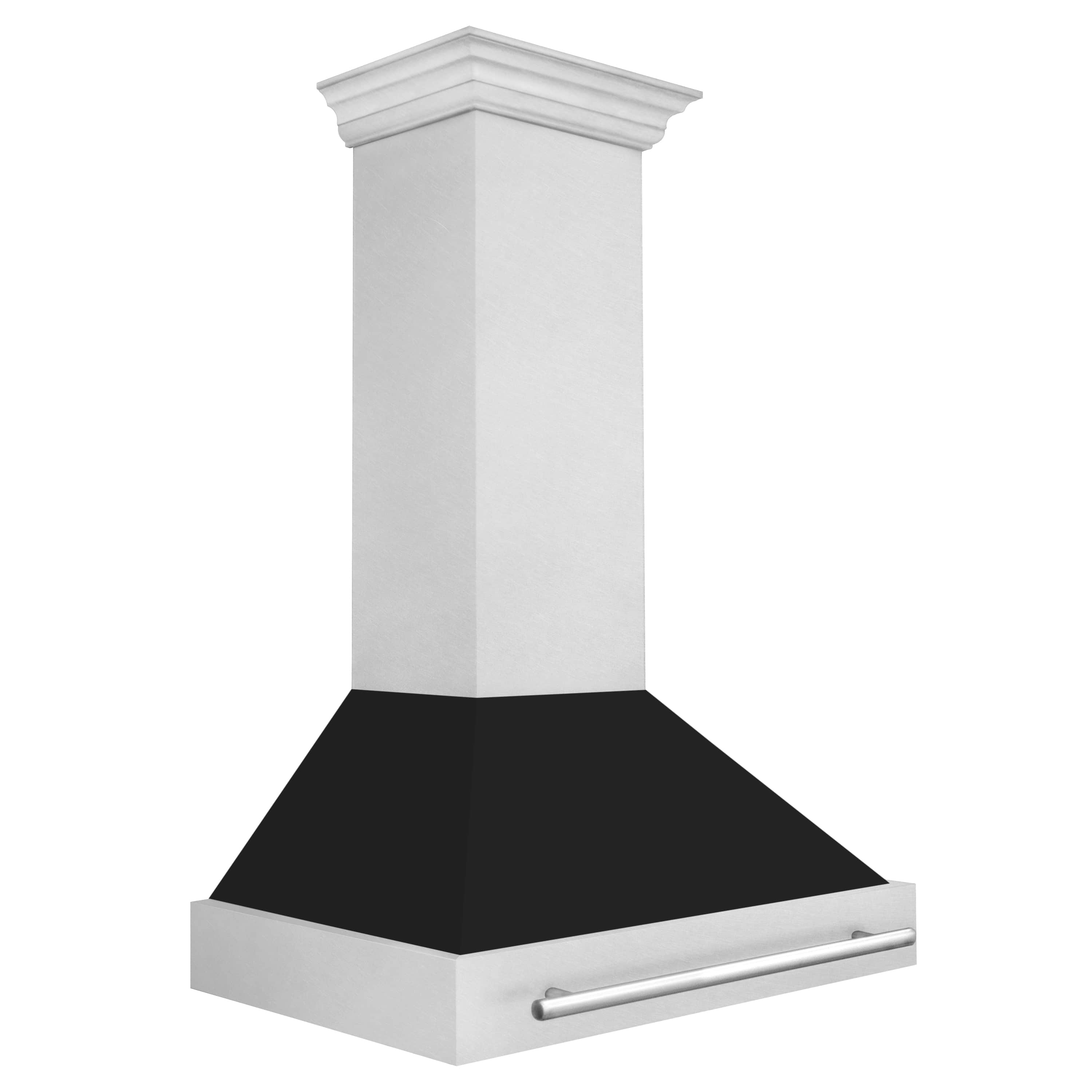 Wall mount range hood in satin stainless with black matte canopy and side vent
