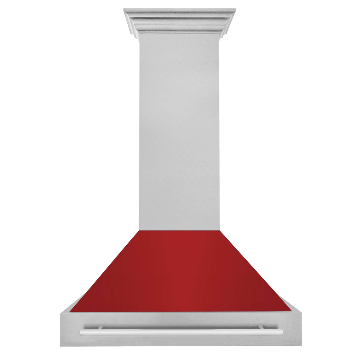 Wall mount range hood with satin stainless chimney and red matte canopy.