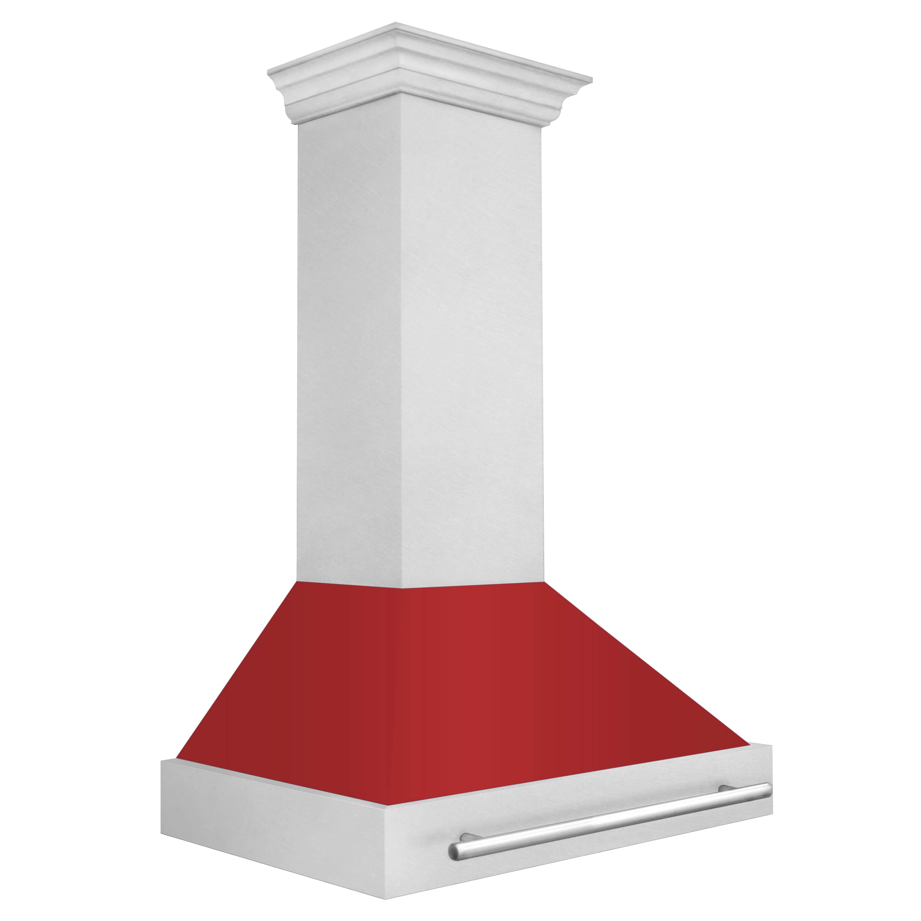 Wall mount range hood with red matte canopy and satin chimney with front bar.