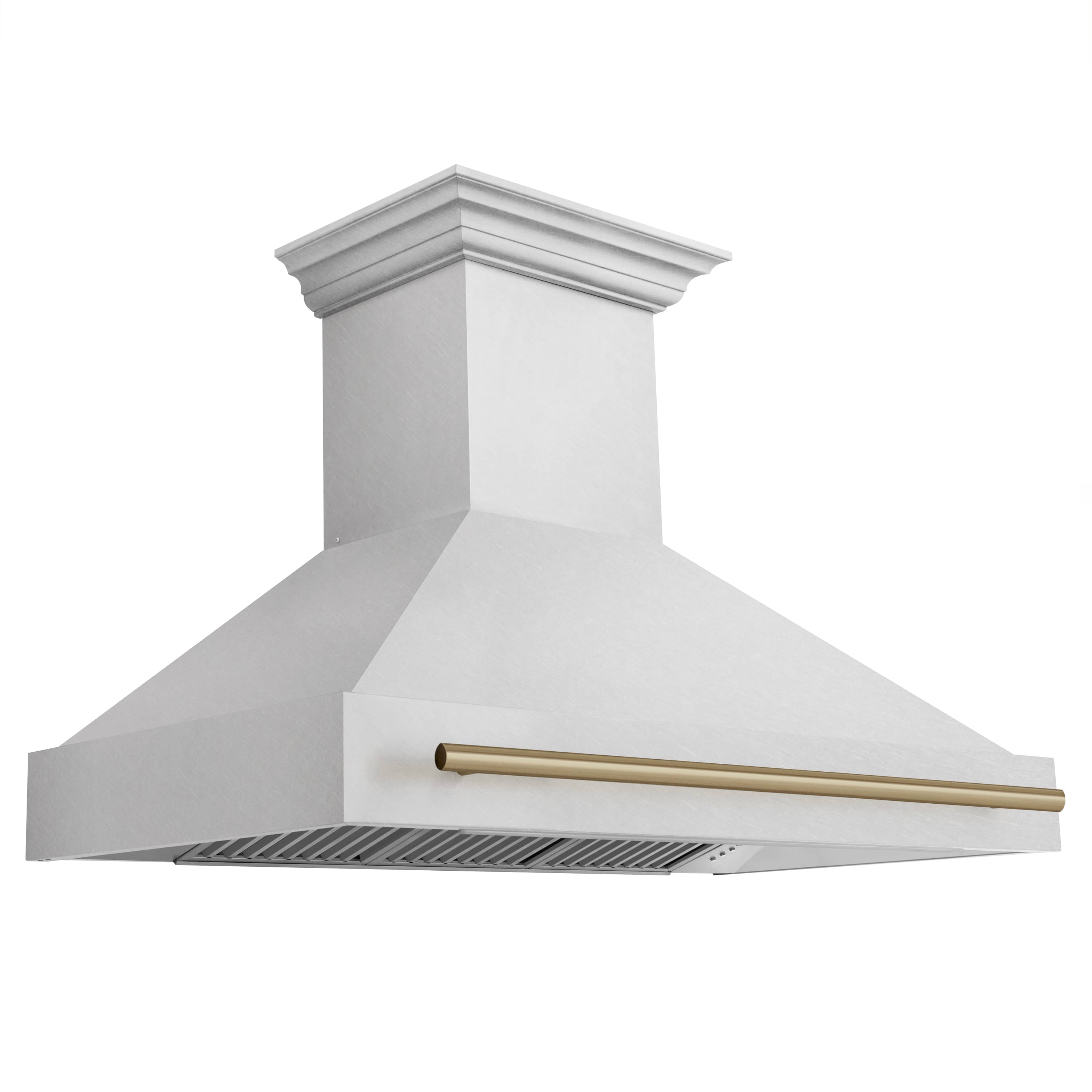Wall-mounted stainless range hood with bronze vent trim and grille