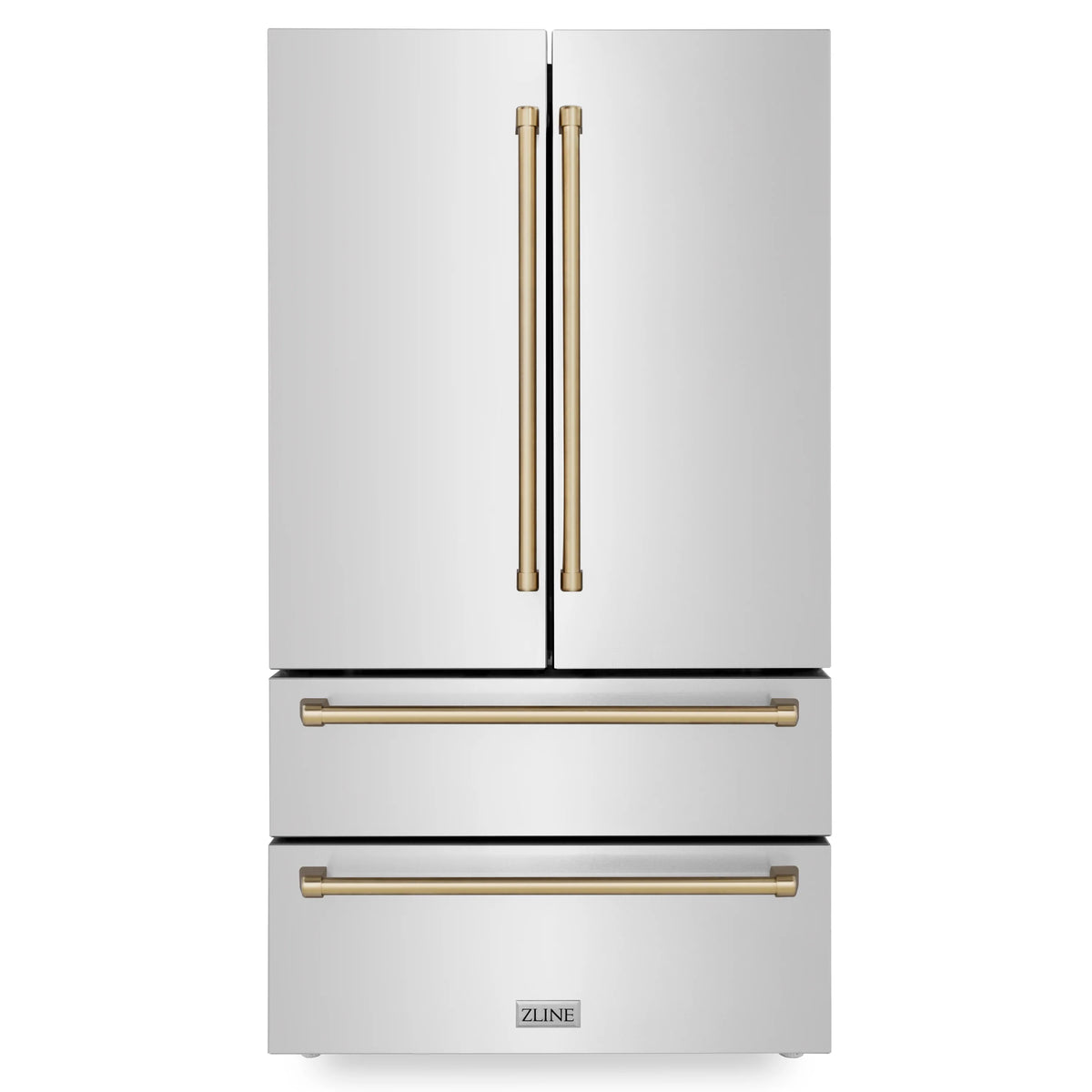 White refrigerator with two gold vertical handles and a gold lower handle bar