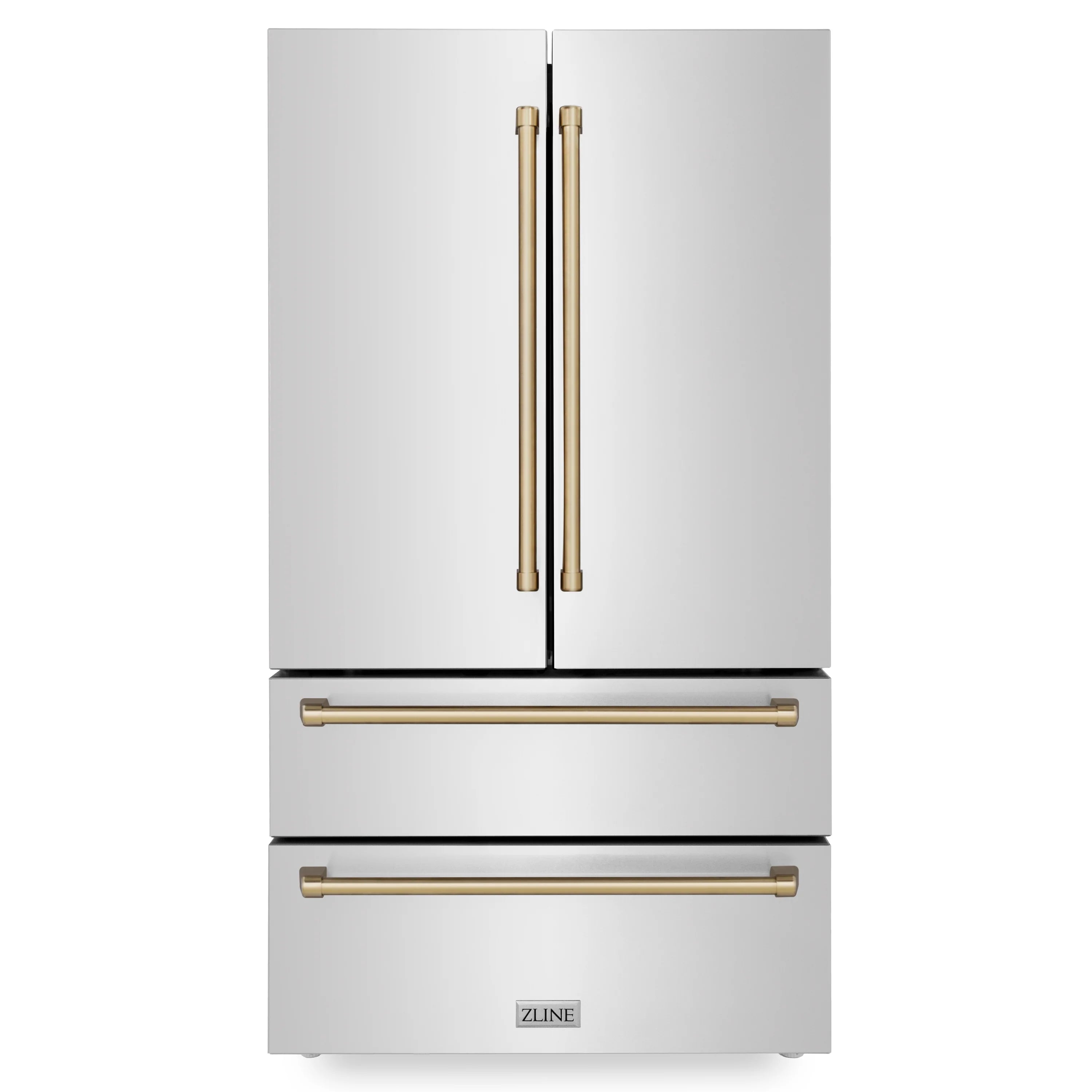 Stainless steel refrigerator with two vertical handles and lower pull bar