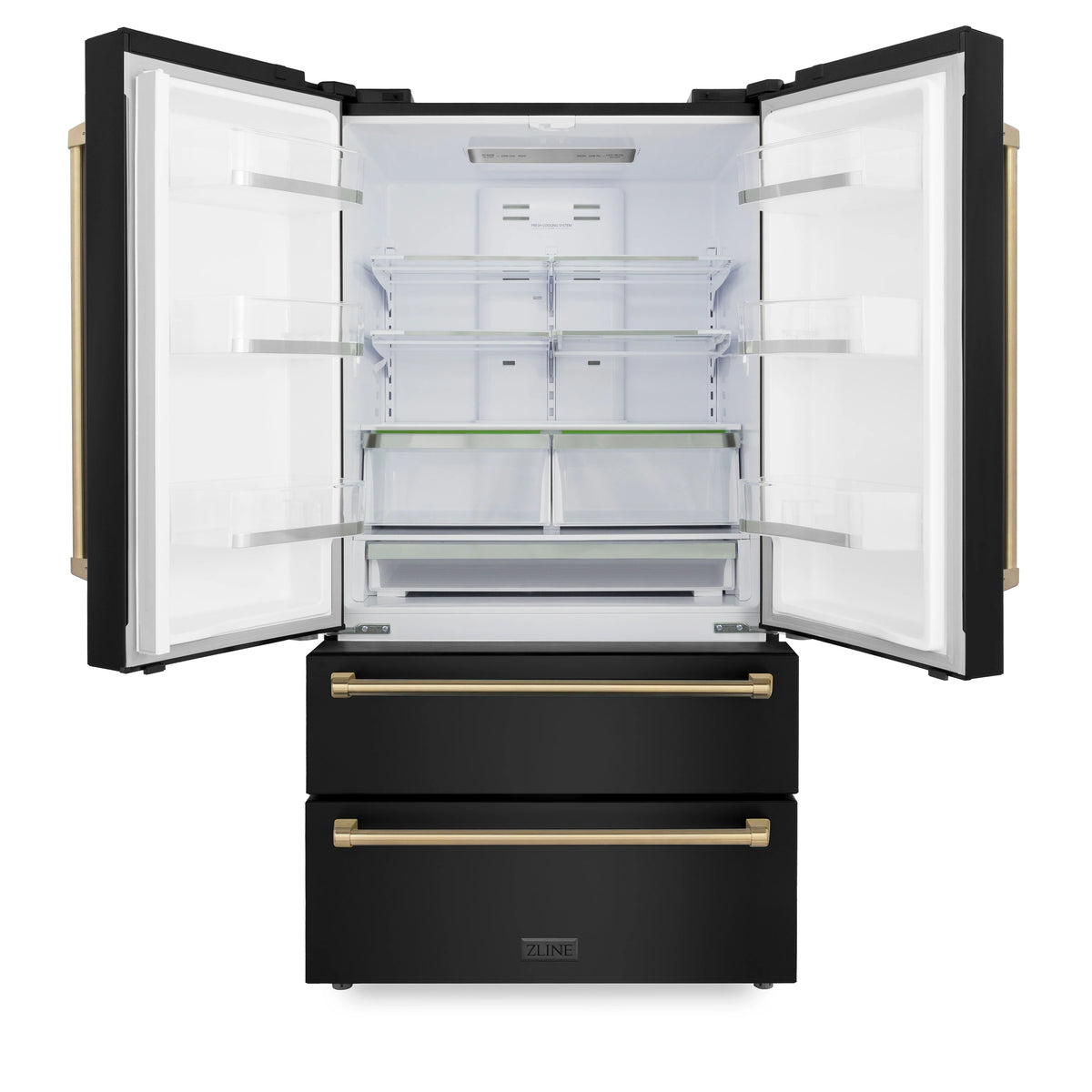 Black refrigerator with open doors showing shelves and champagne bronze handles
