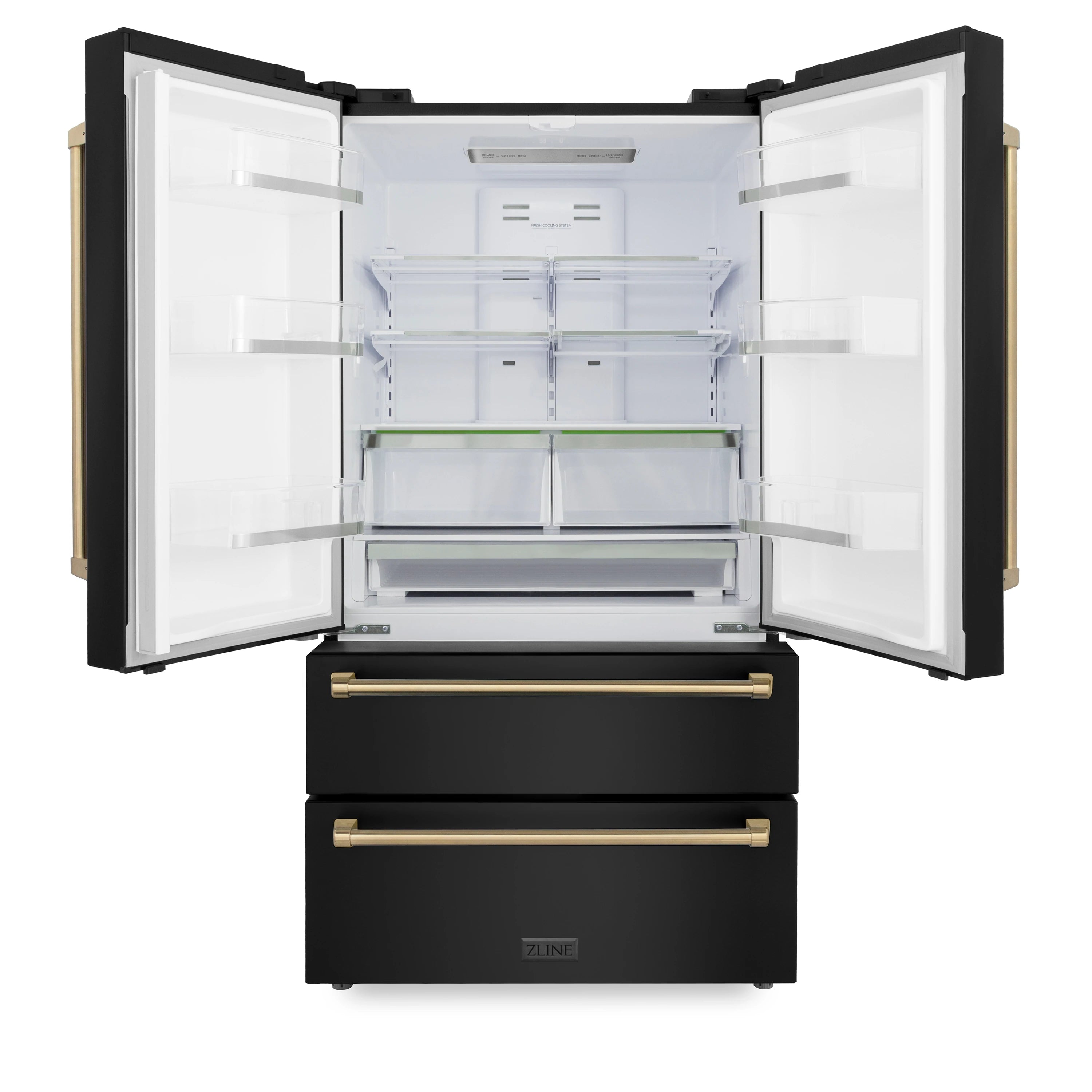 Black stainless steel refrigerator with open doors, interior shelves, and champagne bronze handles
