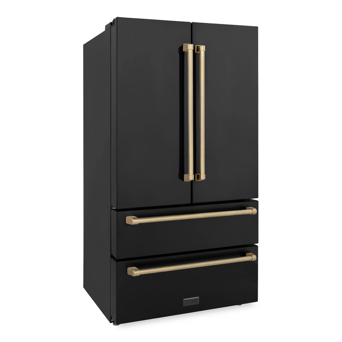 Black stainless steel refrigerator with champagne bronze door handle and pull handles