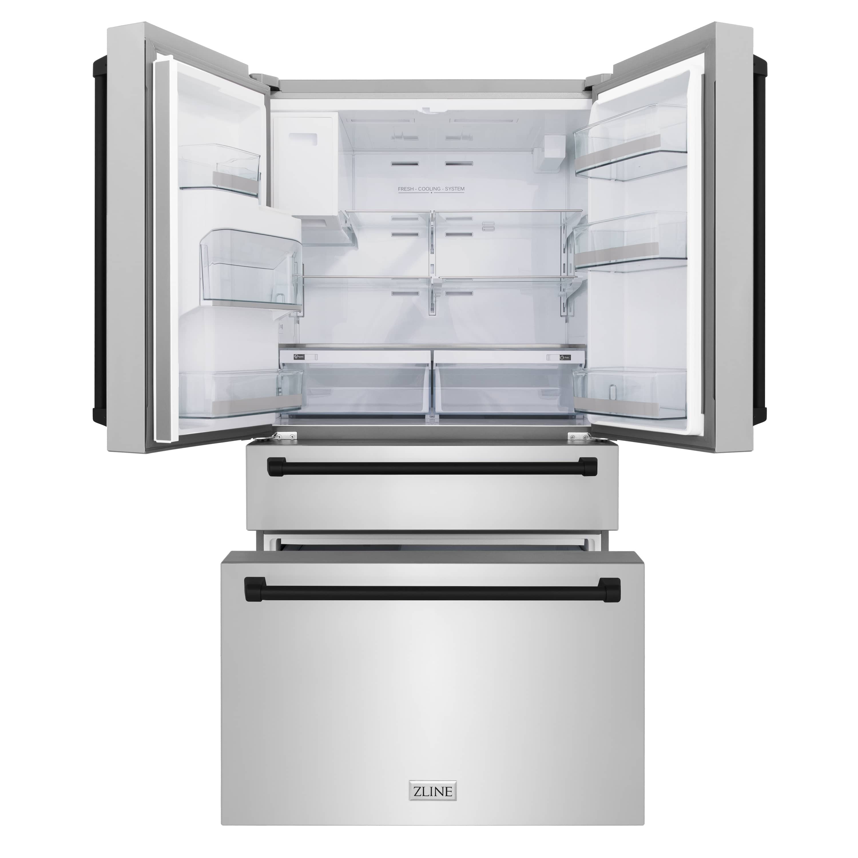 Stainless steel freestanding French door refrigerator with open doors, ice/water dispenser, matte black trim