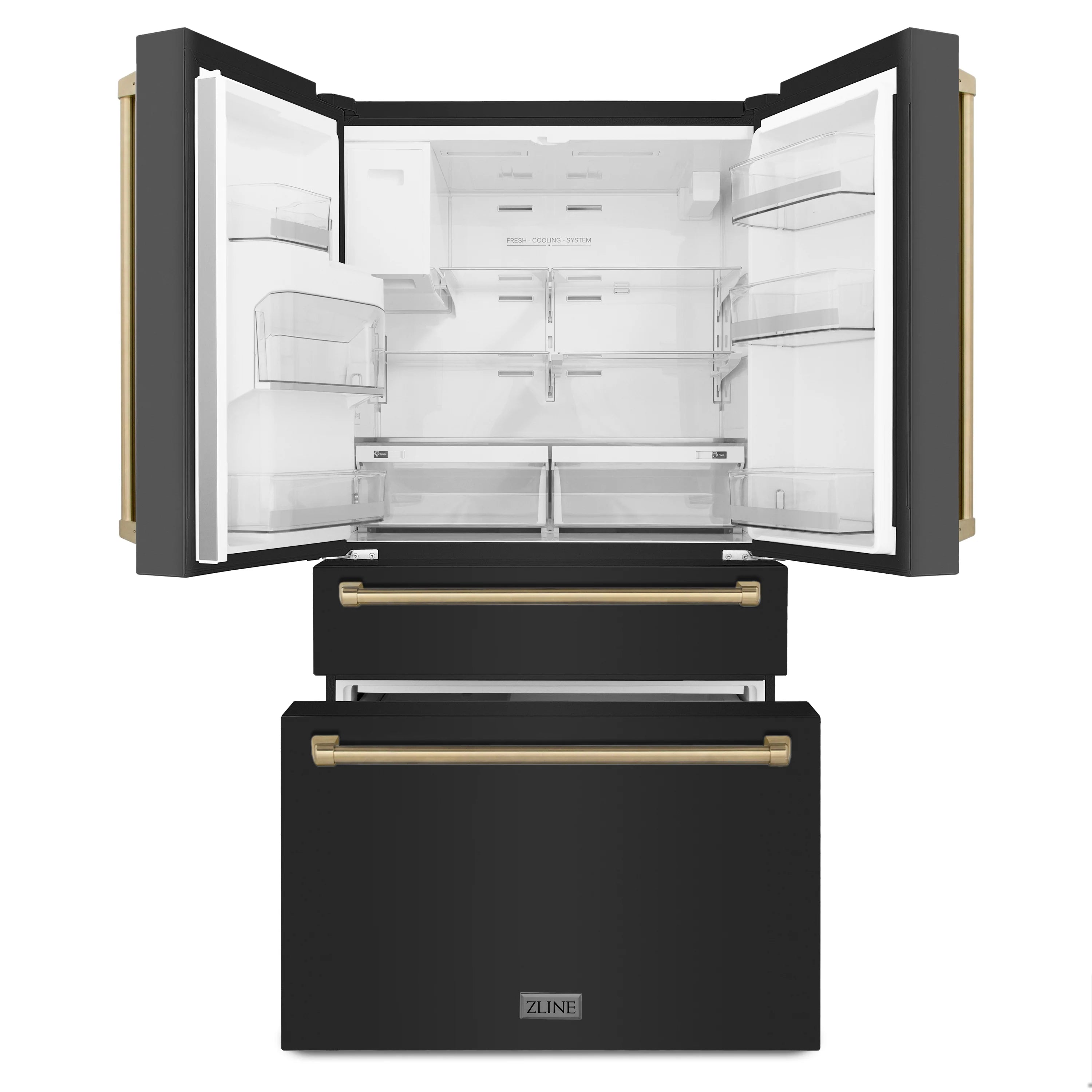 Refrigerator with doors open to shelves and drawers, featuring bronze handle trim