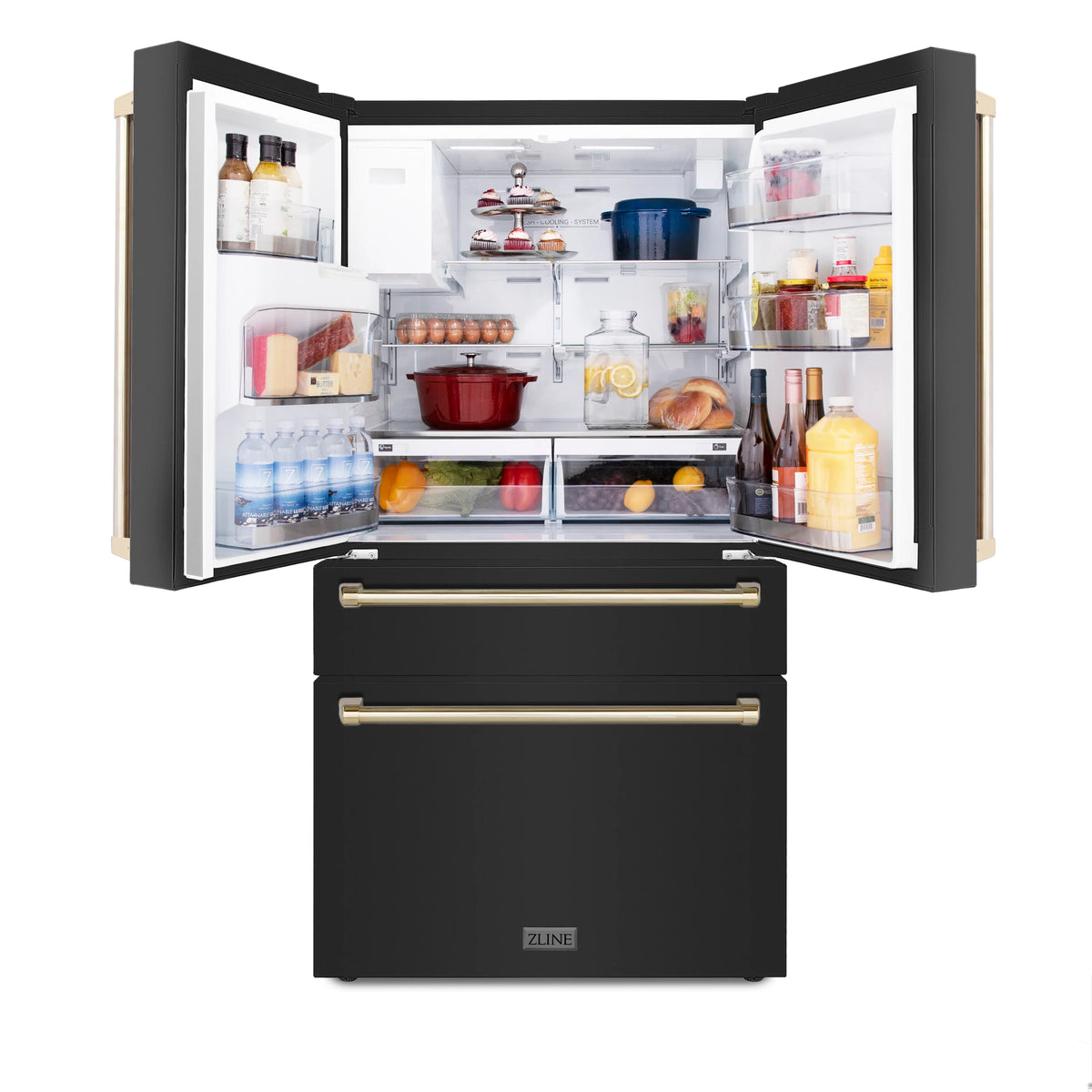 Black stainless refrigerator with open doors and freezer drawer; gold bar handles