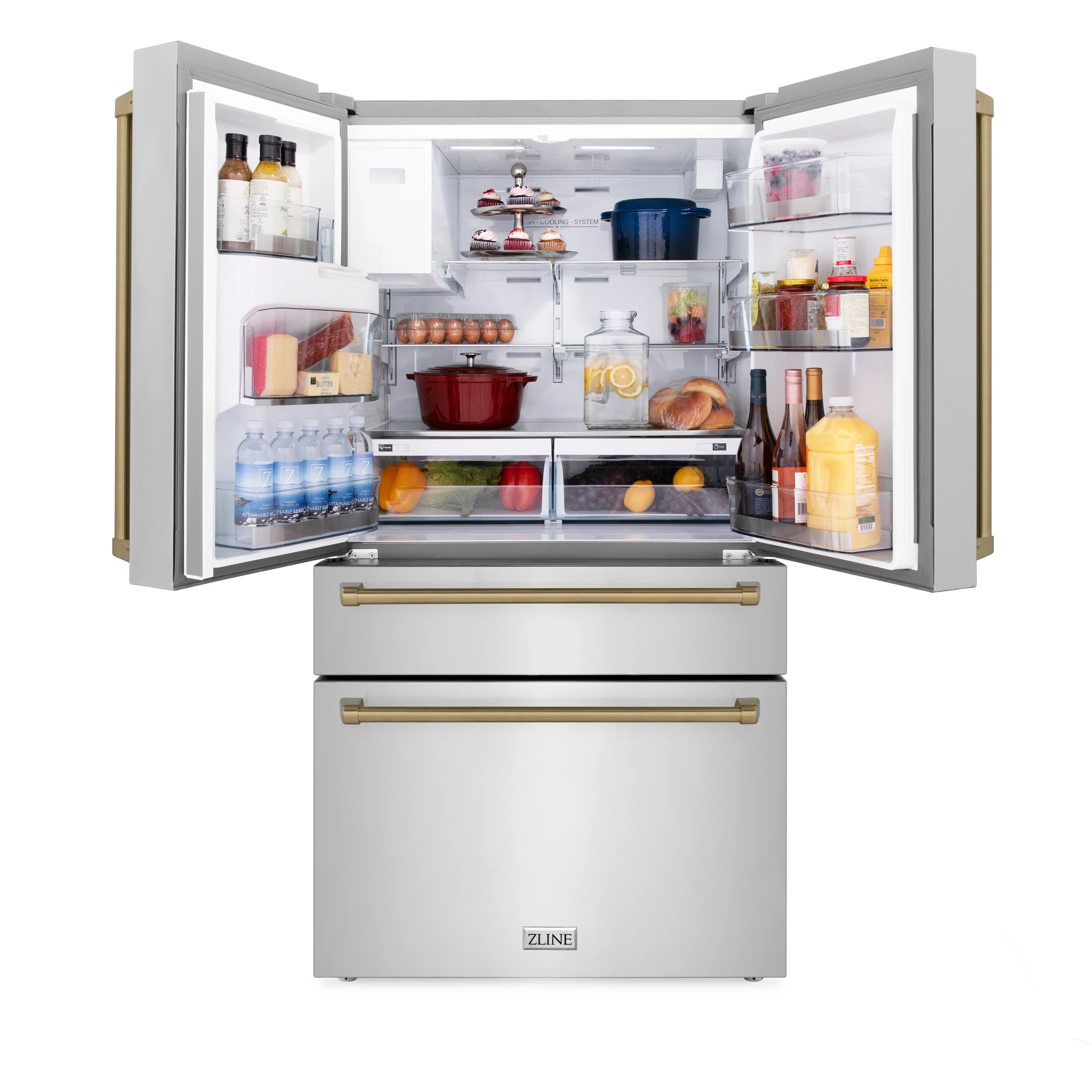 Open white refrigerator interior with shelves stocked with bottles, cookware, and food containers.