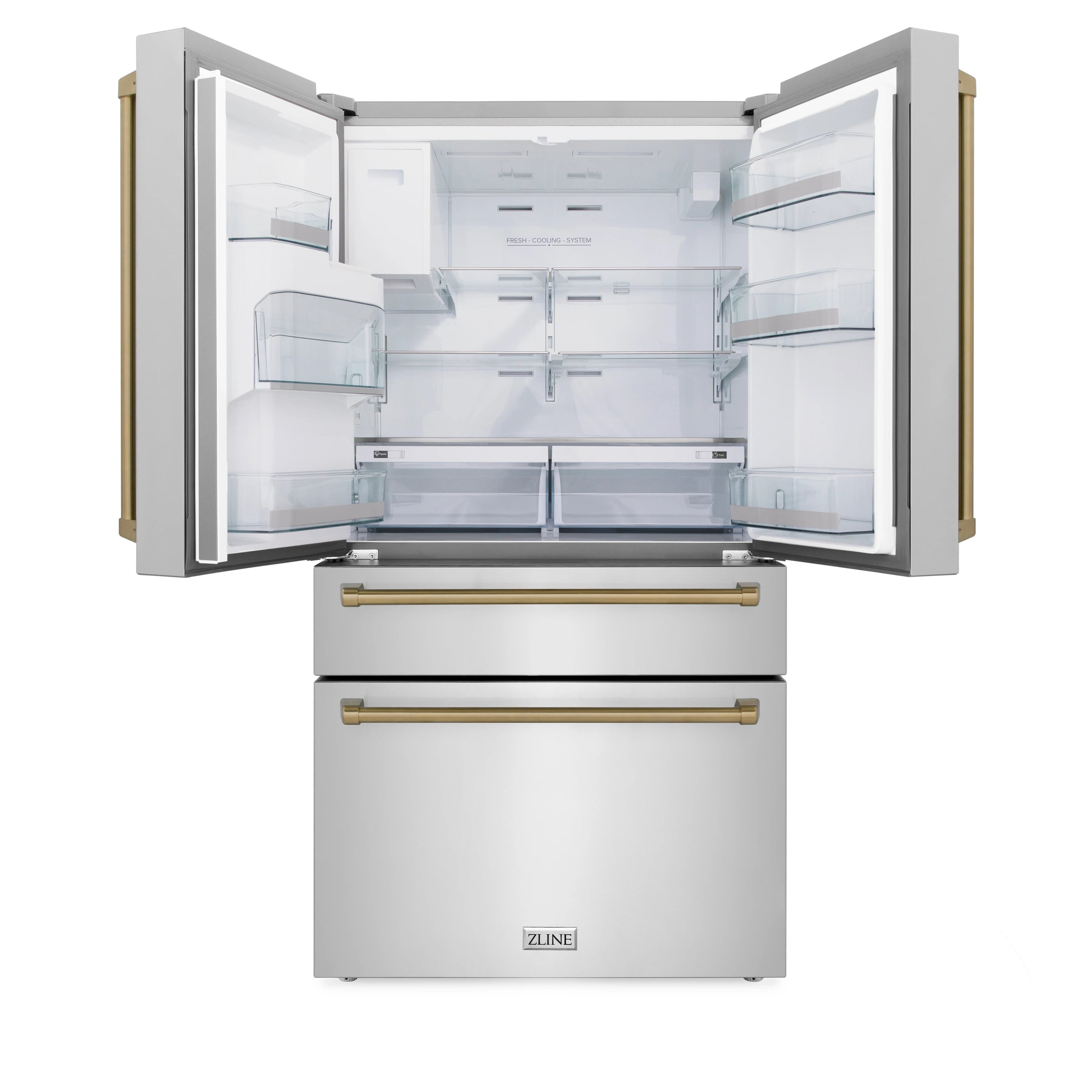 Open white refrigerator with interior shelves and drawers, showing champagne bronze handle bar.