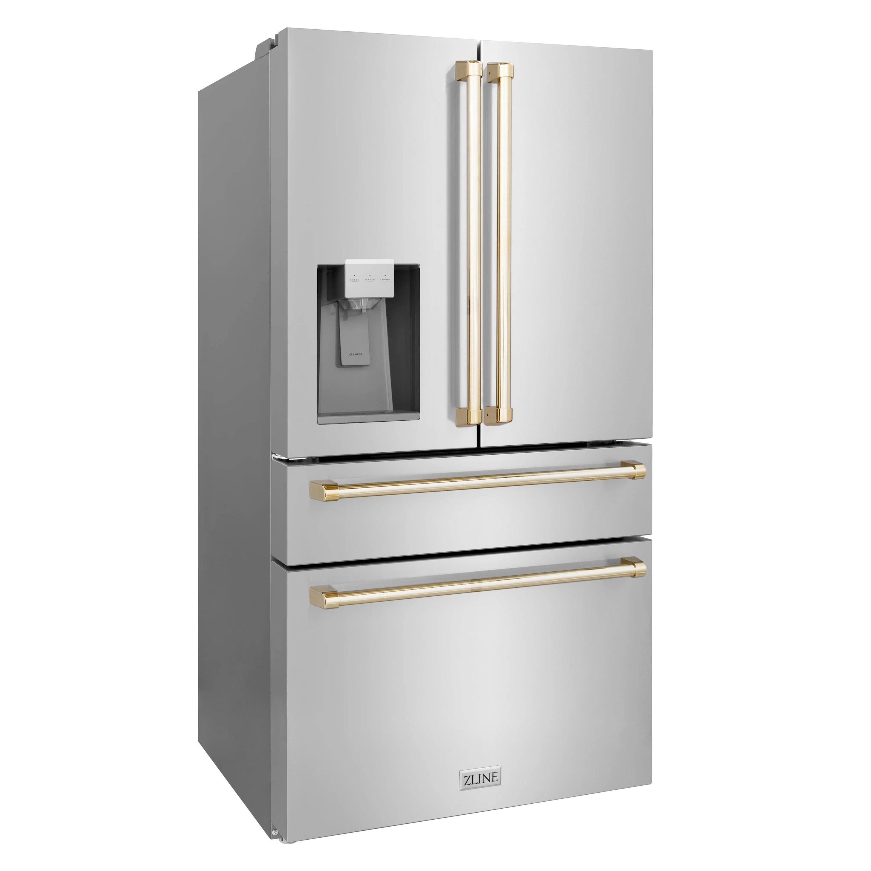 White refrigerator with champagne bronze water dispenser handles and lower storage drawers.