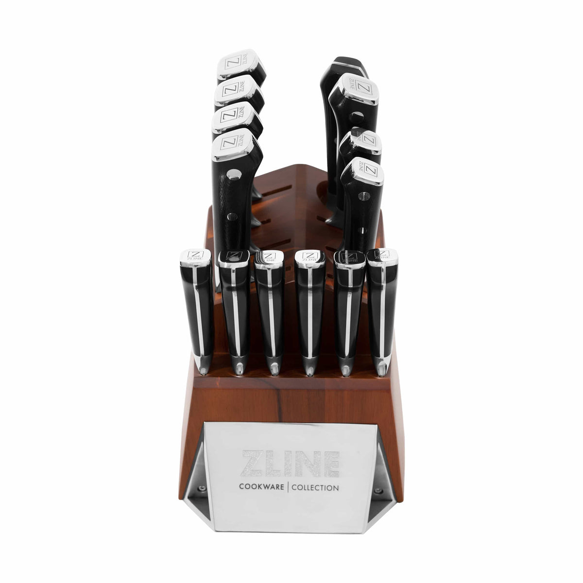 Wooden knife block set with stainless knives, black handles, and ZLINE front label