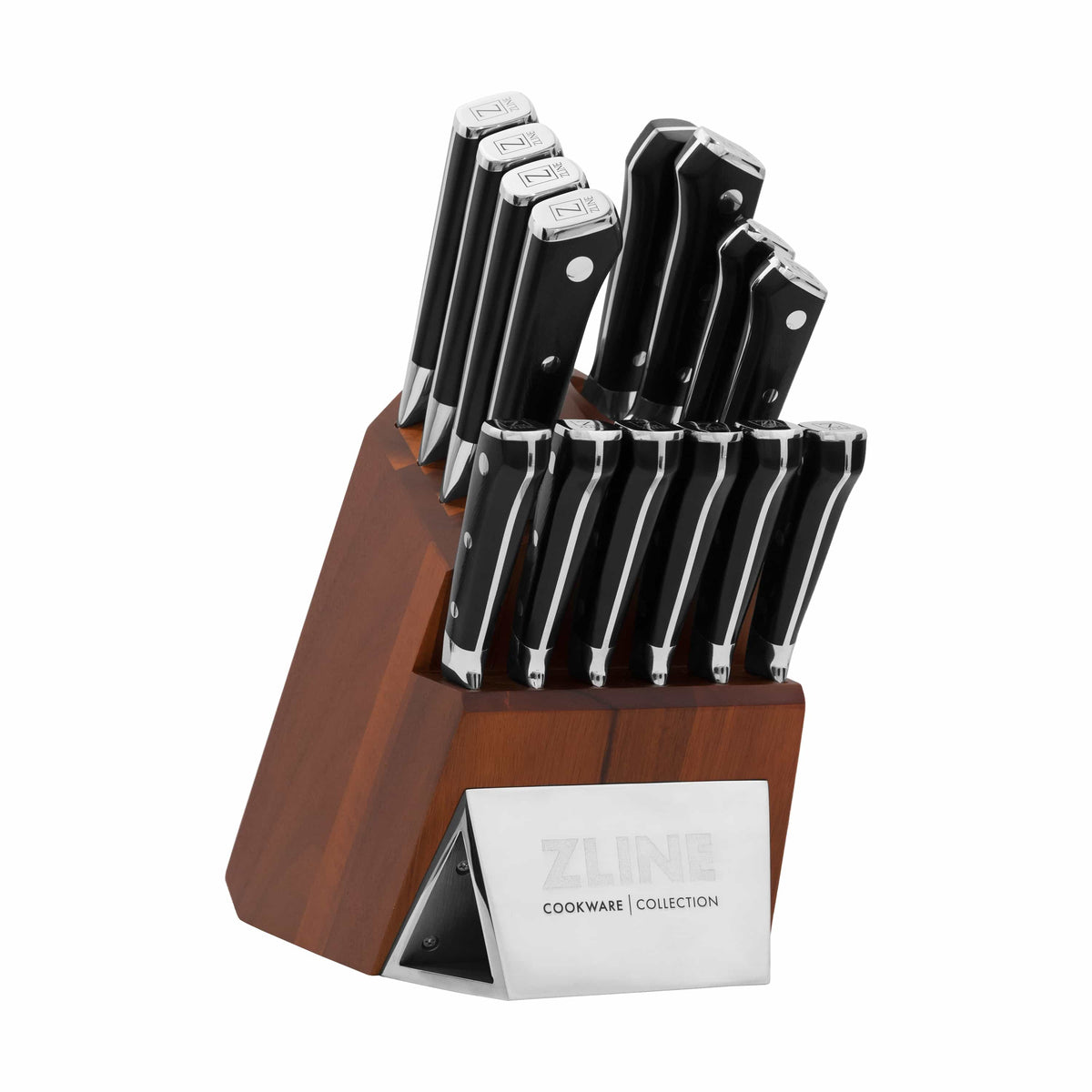 Wood knife block with 15 stainless knives, black handles, and ZLINE label