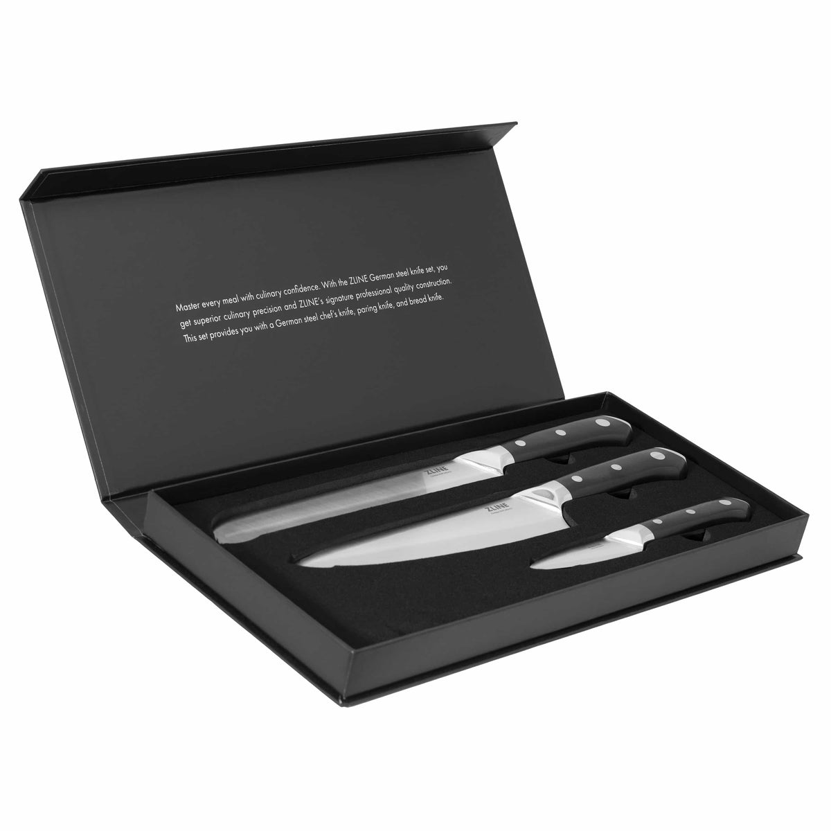 Knife set in black gift box with three German steel knives and black dotted handles