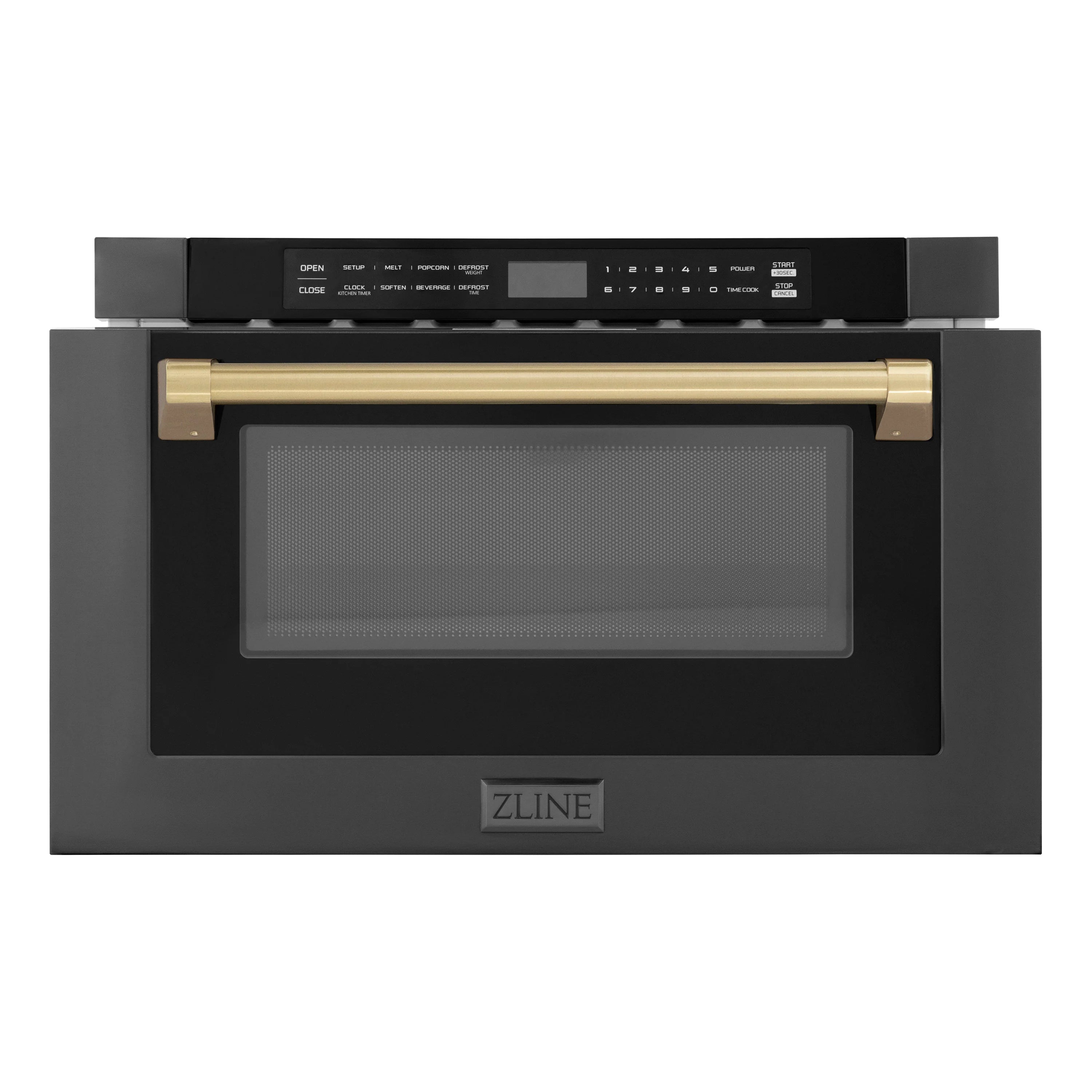 Front view black stainless steel microwave drawer with champagne bronze handle bars
