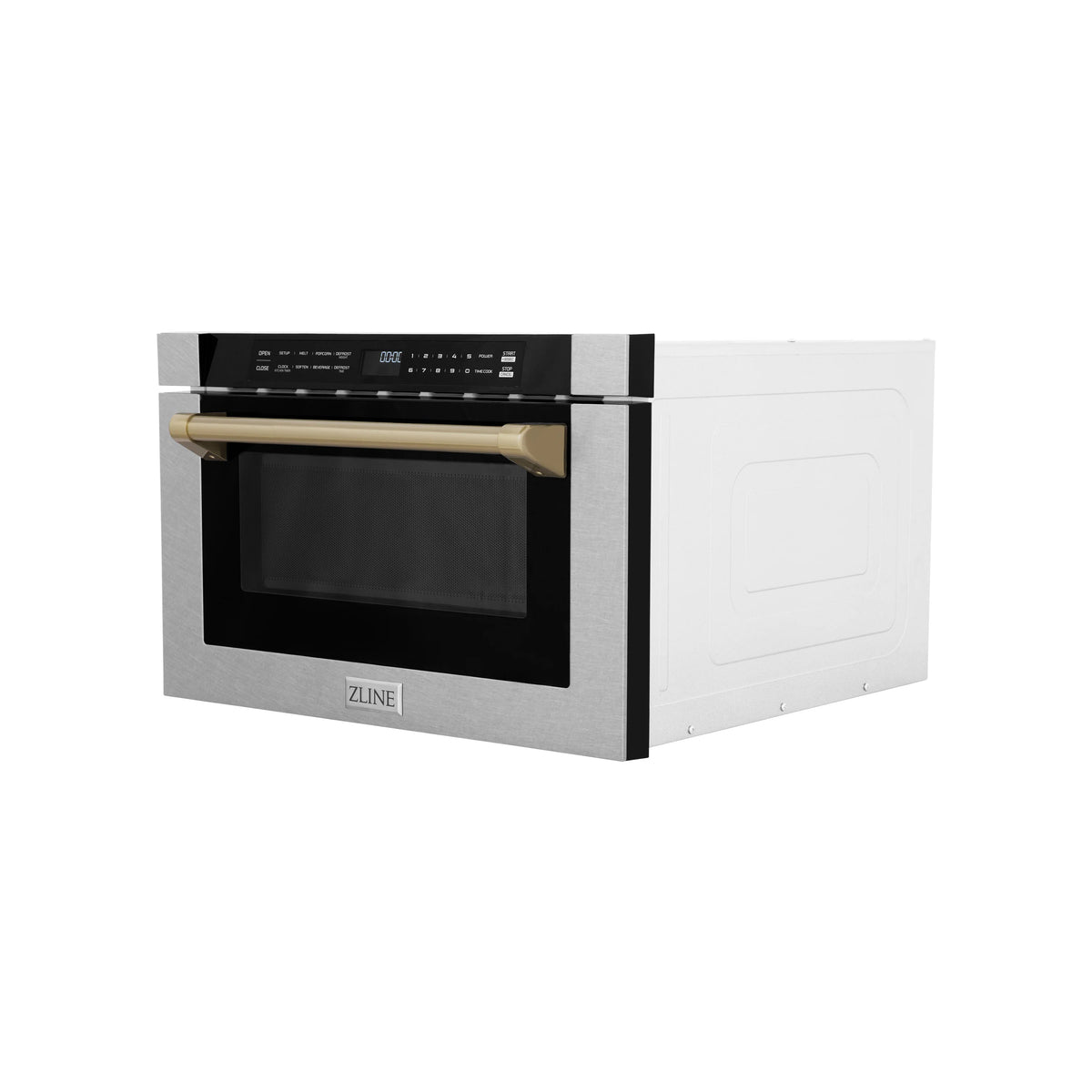 Built-in microwave drawer with stainless steel frame and champagne bronze front handle bar