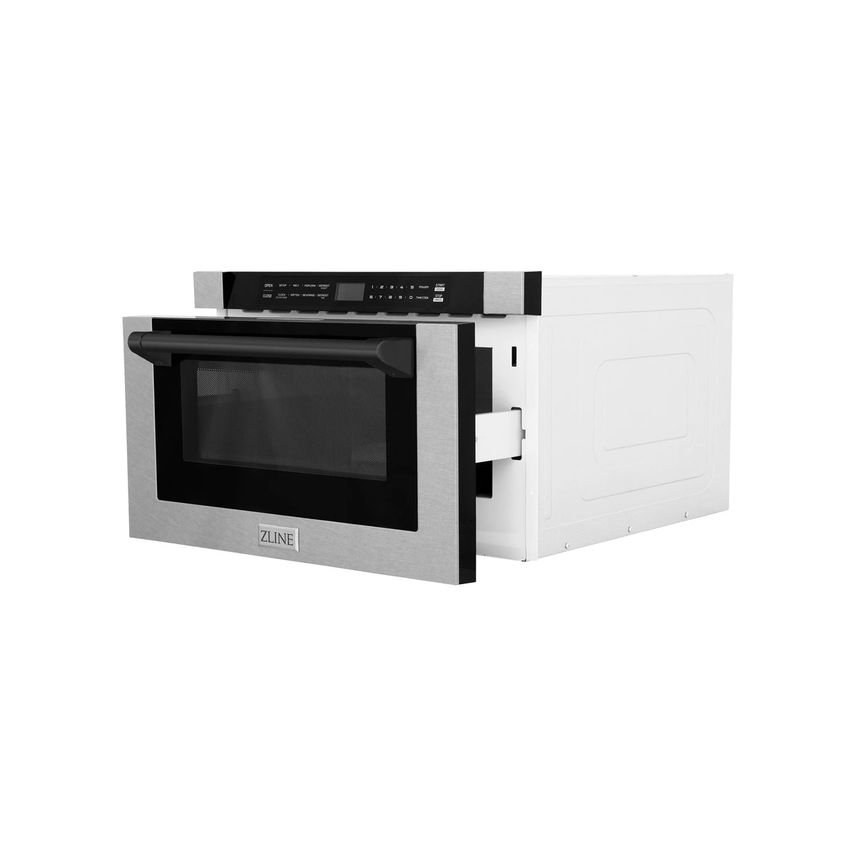 Built-in microwave drawer with stainless frame, open door, and side latch detail