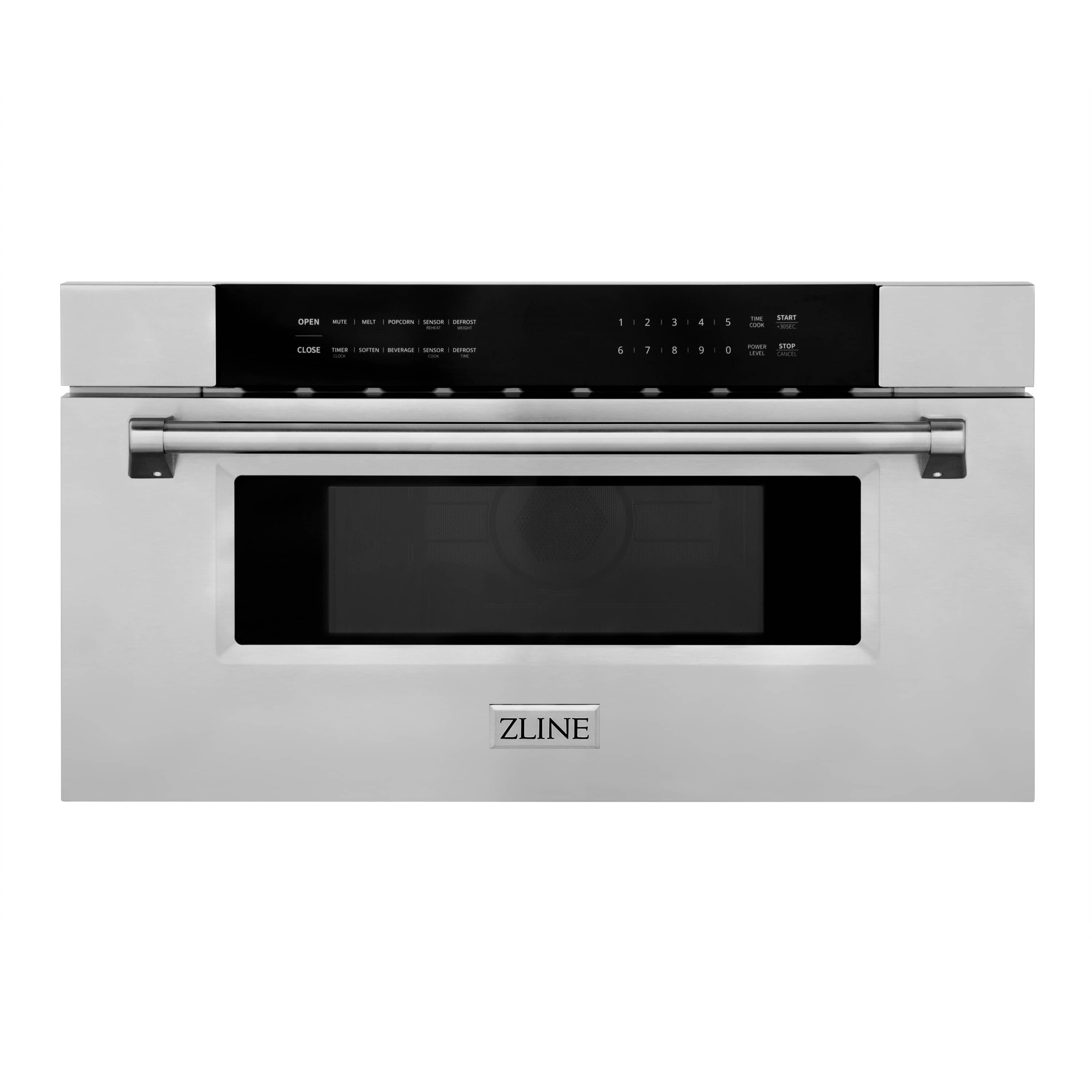 ZLINE stainless steel built-in microwave drawer, front view with black display window and knobs