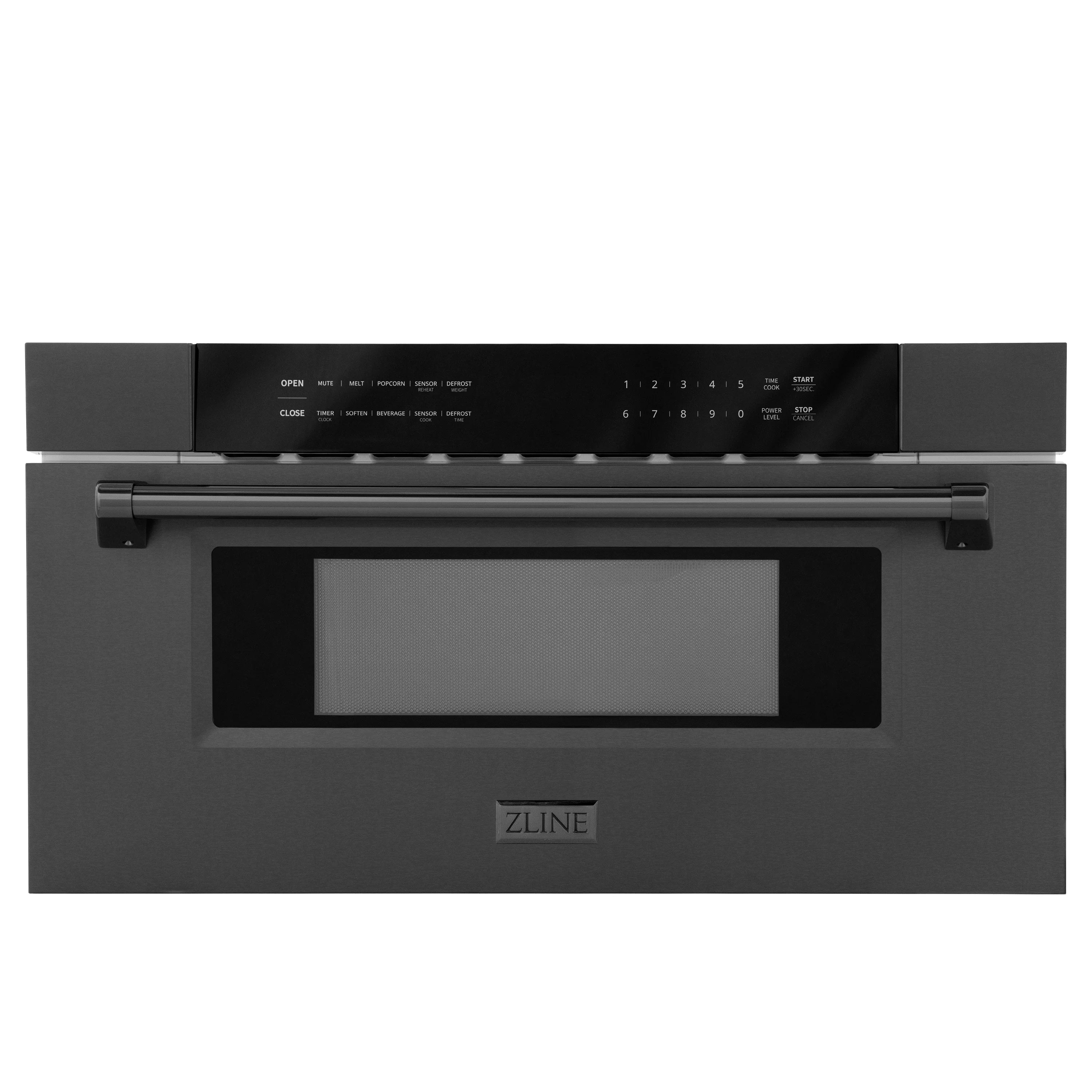 ZLINE built-in microwave drawer in black stainless steel, front control panel and handle