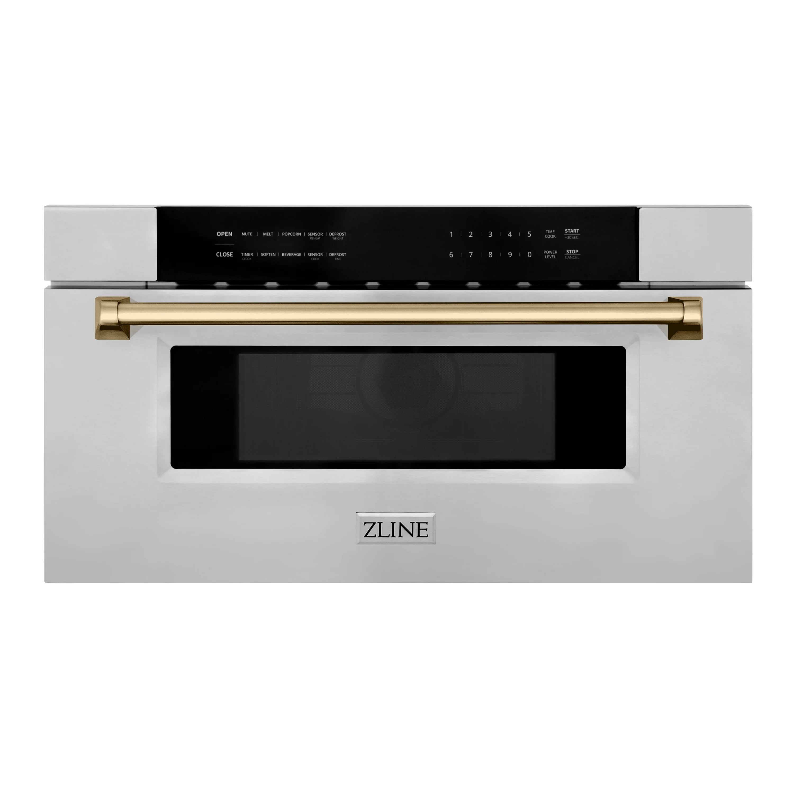 Built-in microwave drawer, stainless steel with champagne bronze trim and black control panel