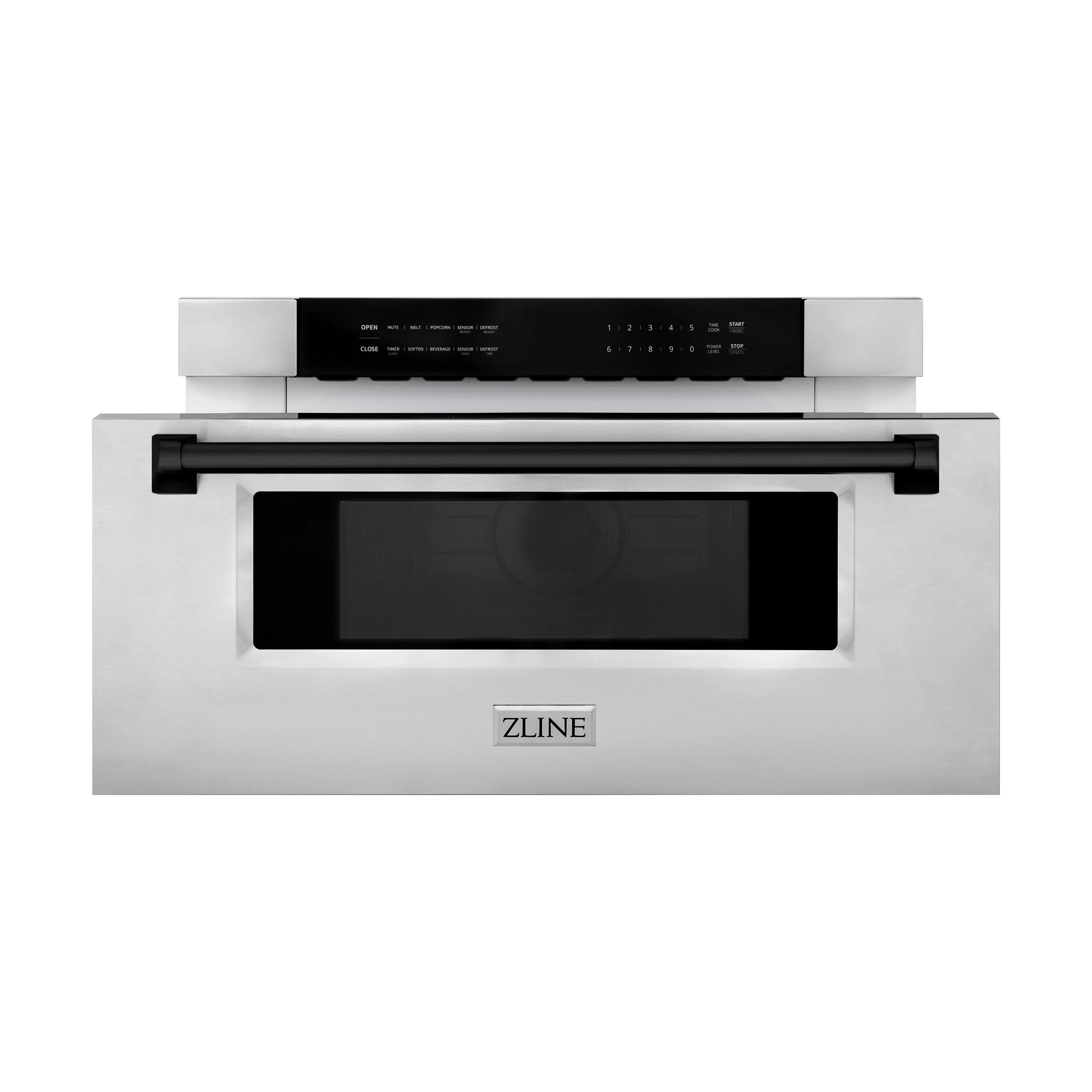 Stainless steel microwave drawer with matte black trim, black display window, and controls