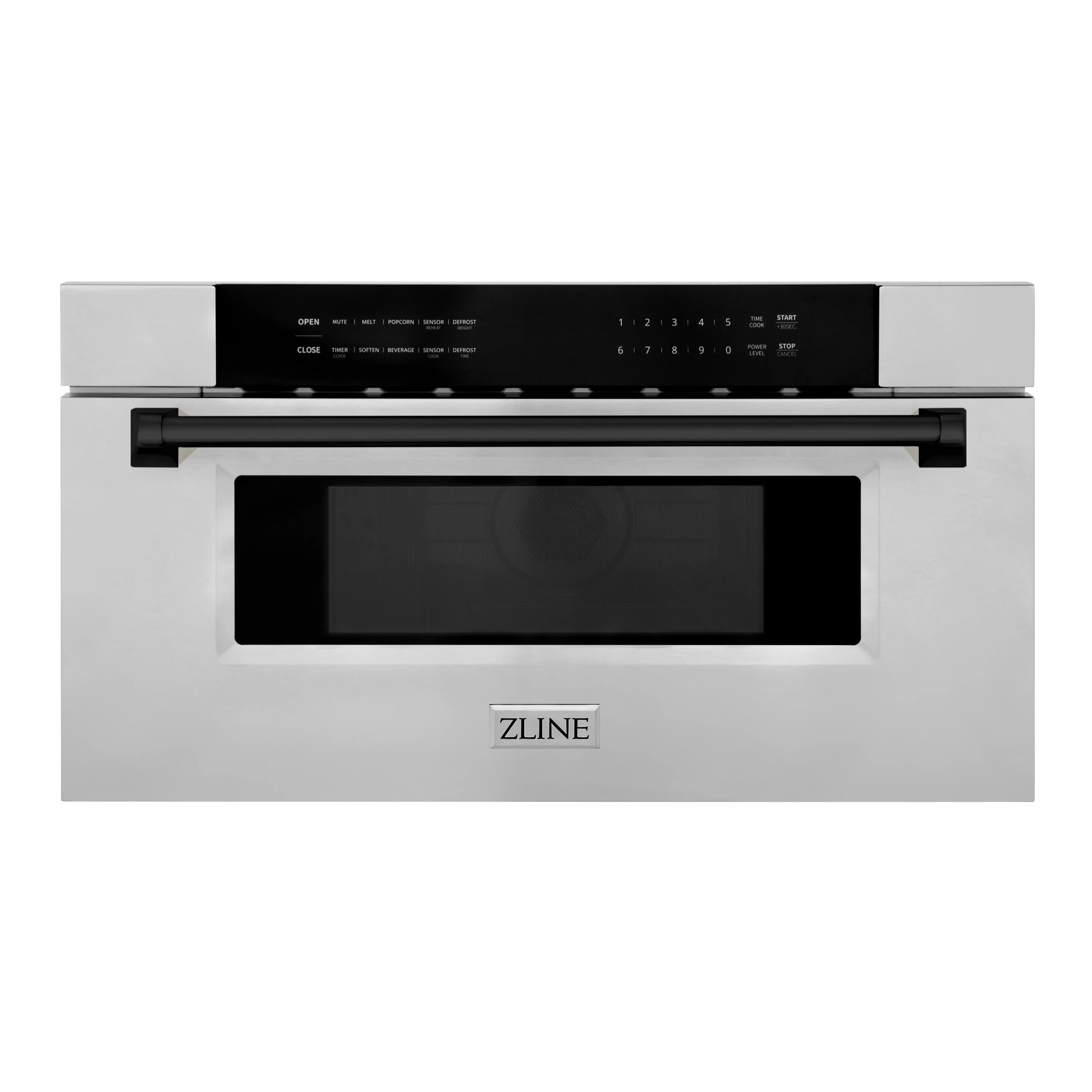 Stainless steel built-in microwave drawer with matte black trim and black control panel
