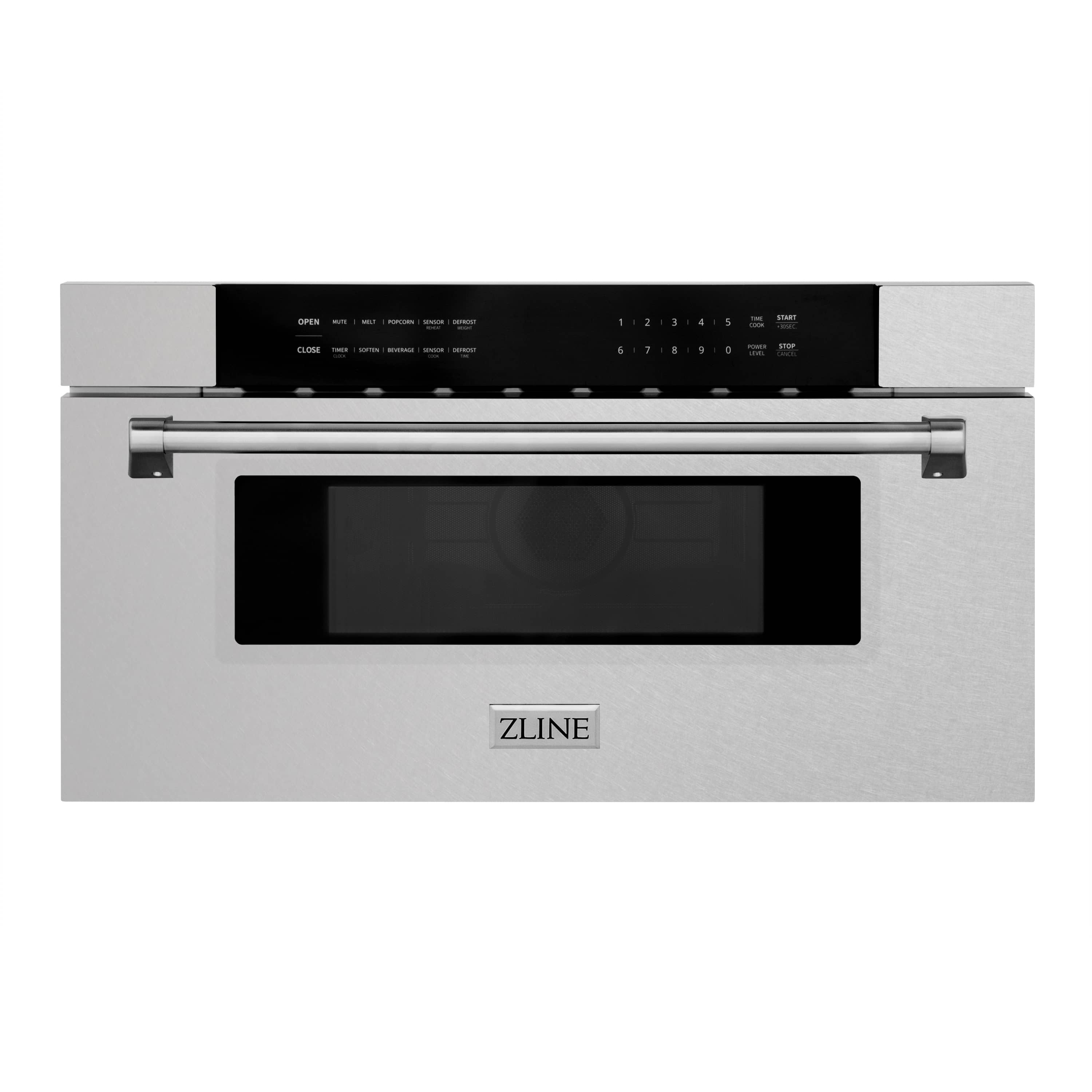 Satin stainless microwave drawer front with black window display and control buttons