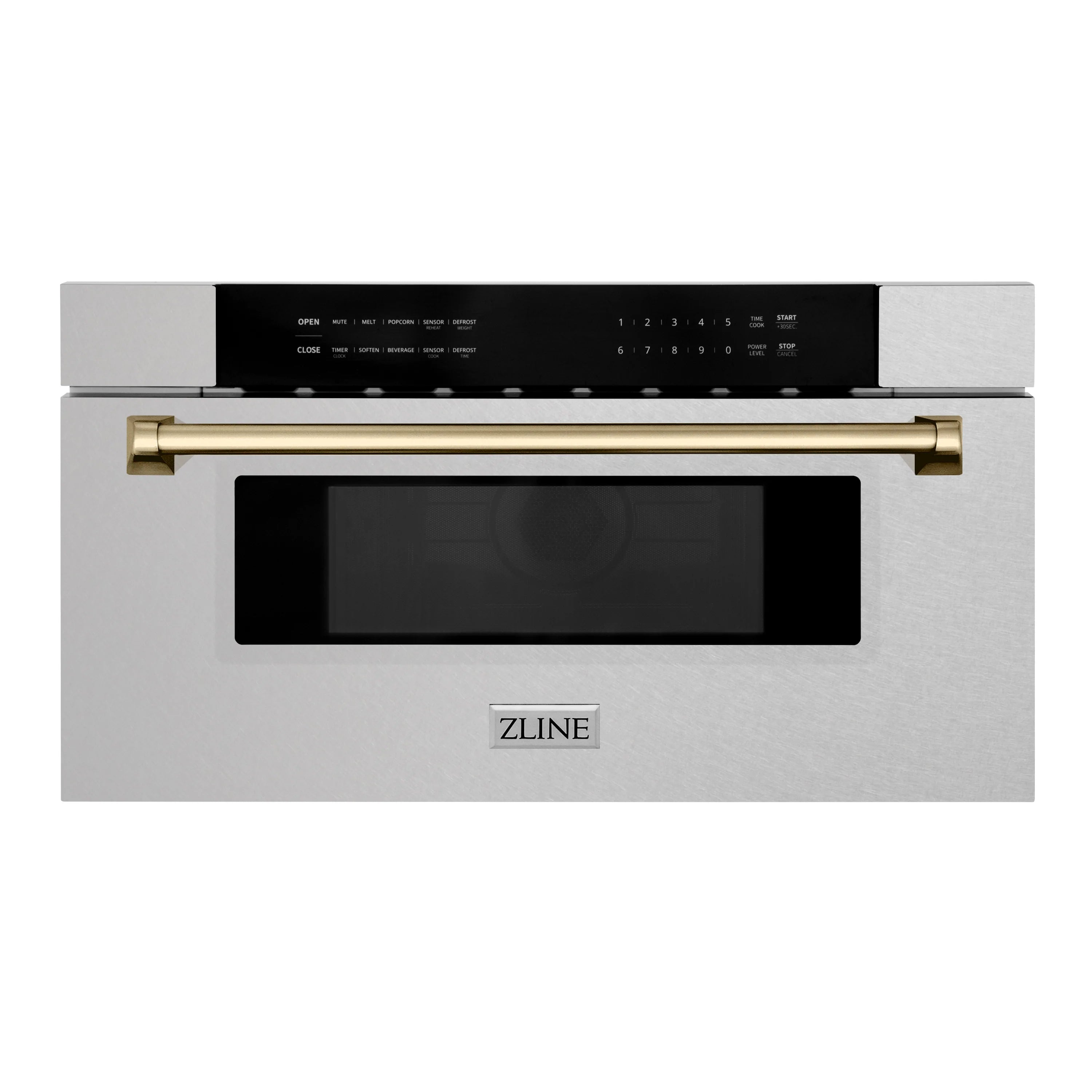 Built-in microwave drawer, satin stainless steel with champagne bronze handle and black display