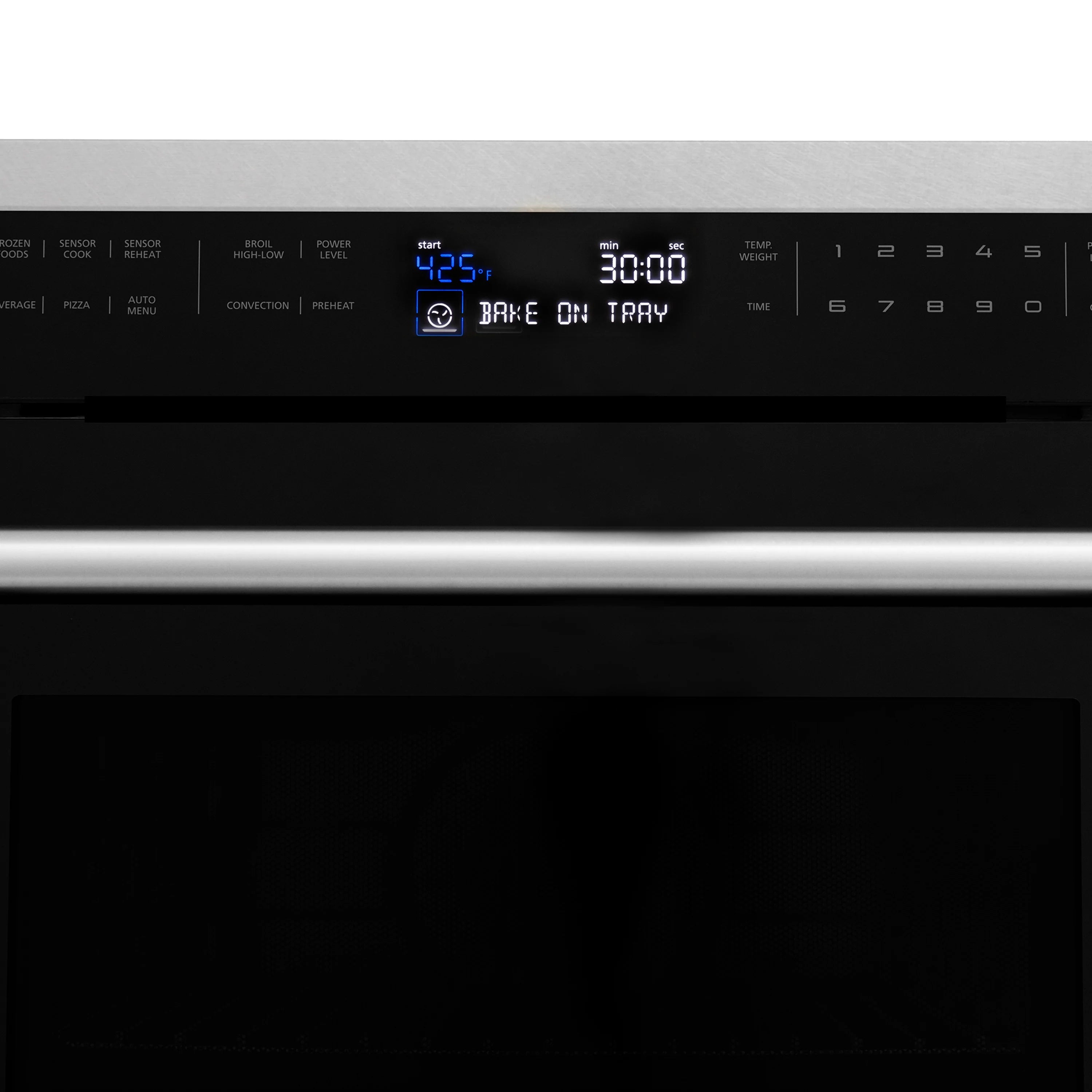 Built-in convection microwave oven control panel display with blue time readout