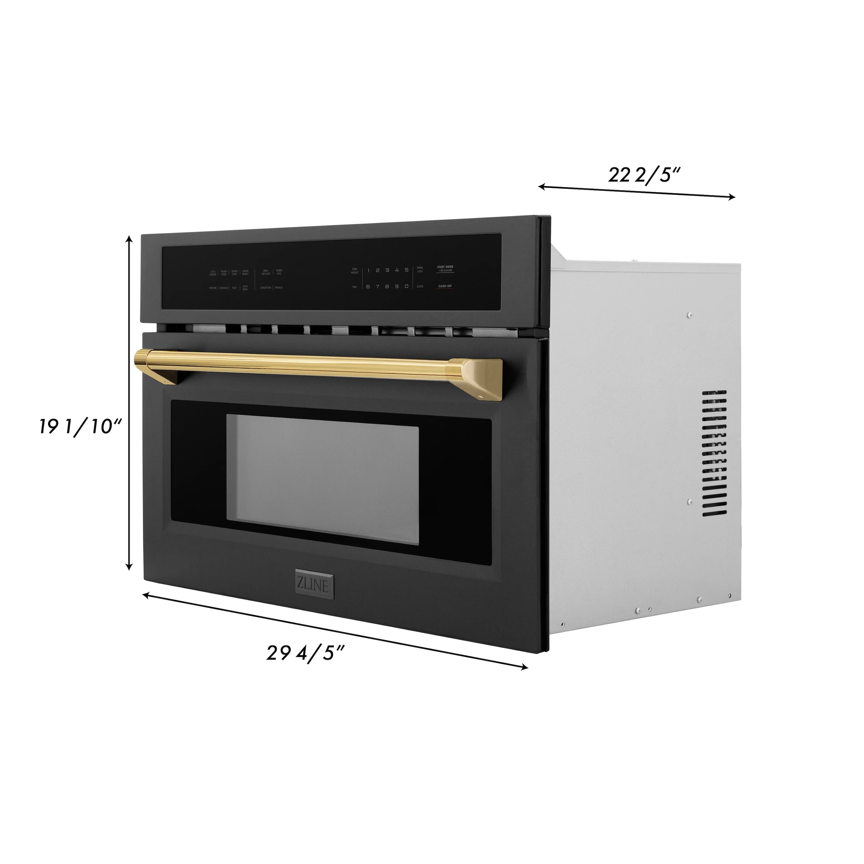 Built-in convection microwave oven with exterior dimensions and gold trim