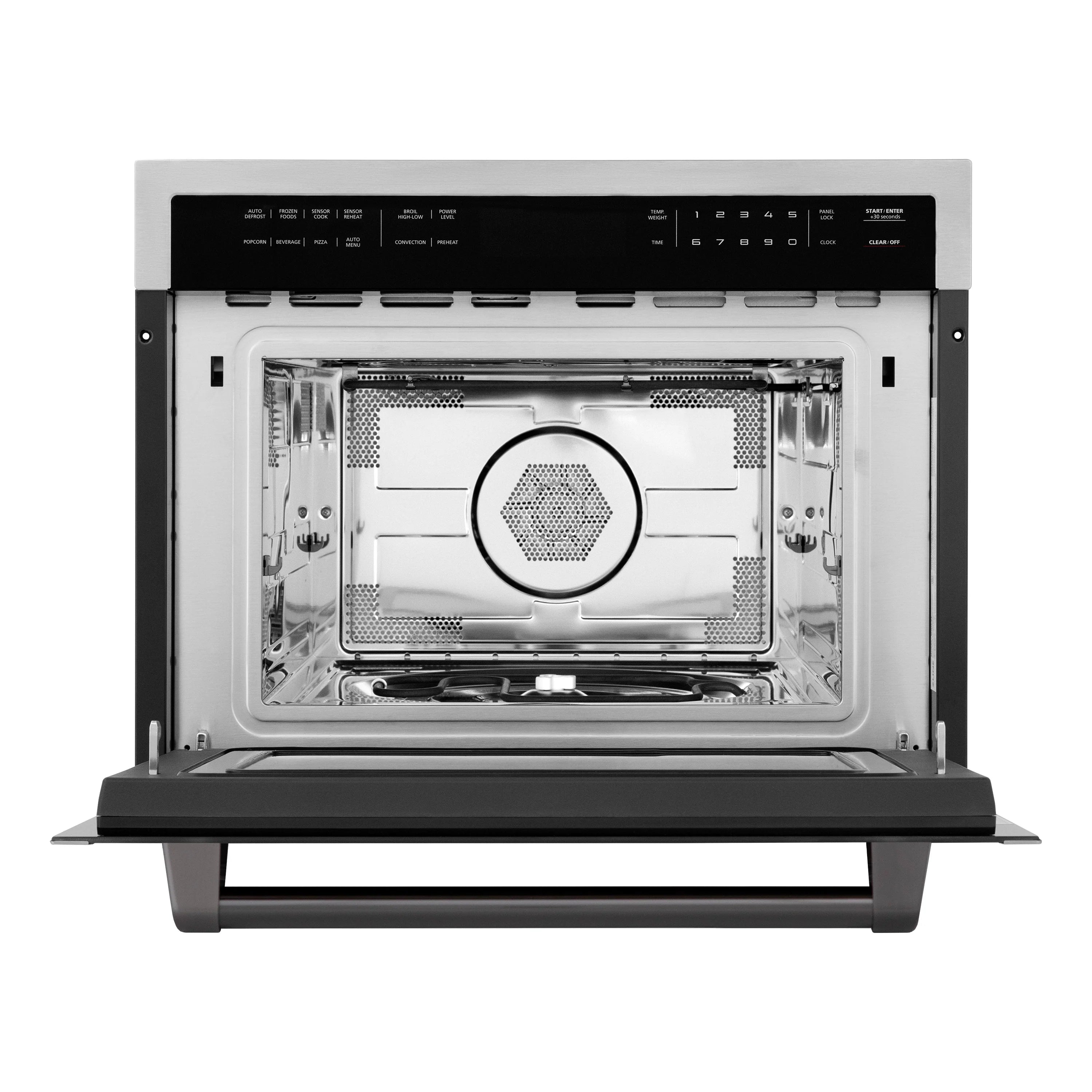 Built-in convection microwave oven with door open, showing interior cavity and grille.